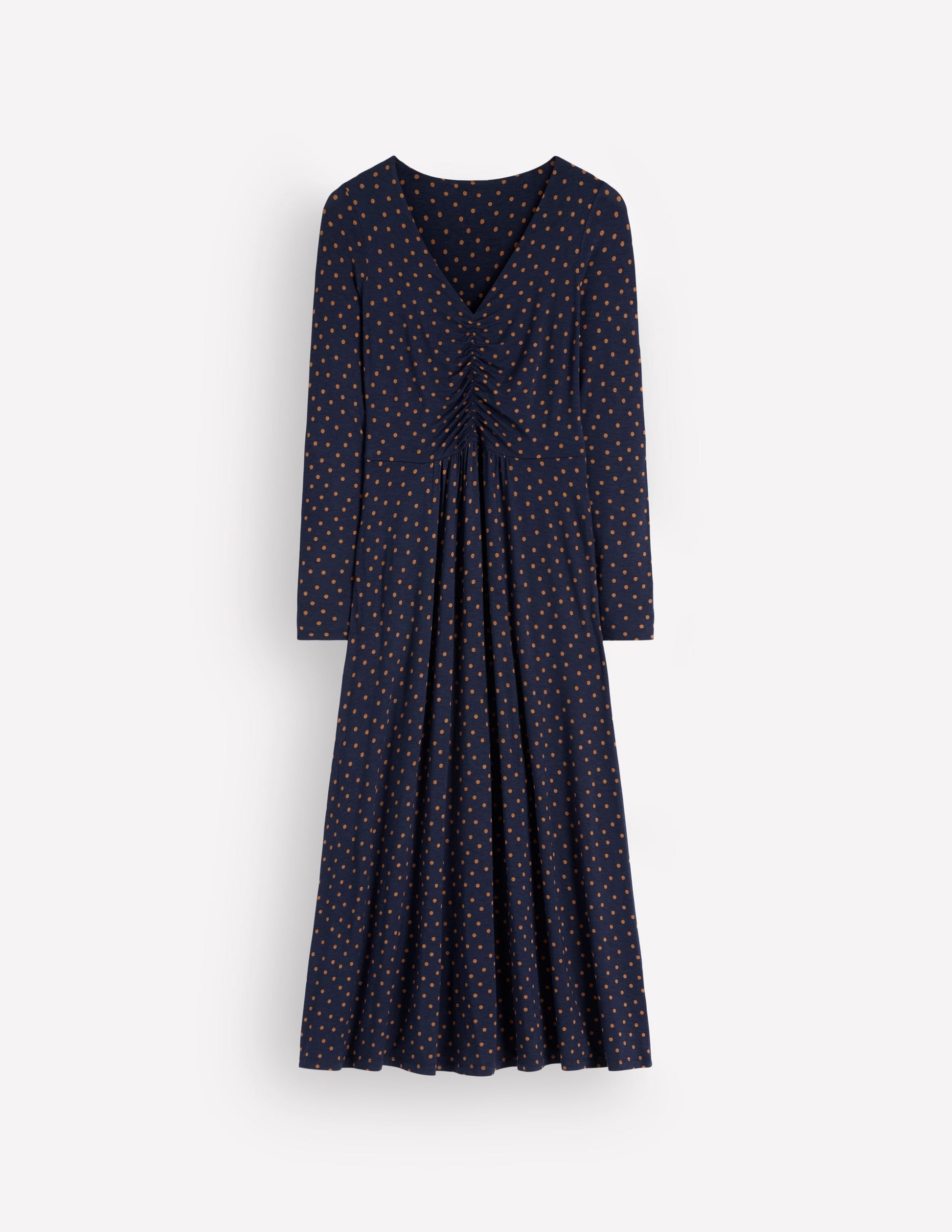 Jasmin Gerafftes Jerseykleid-Französisches Marineblau, Gemalte Tupfen-6