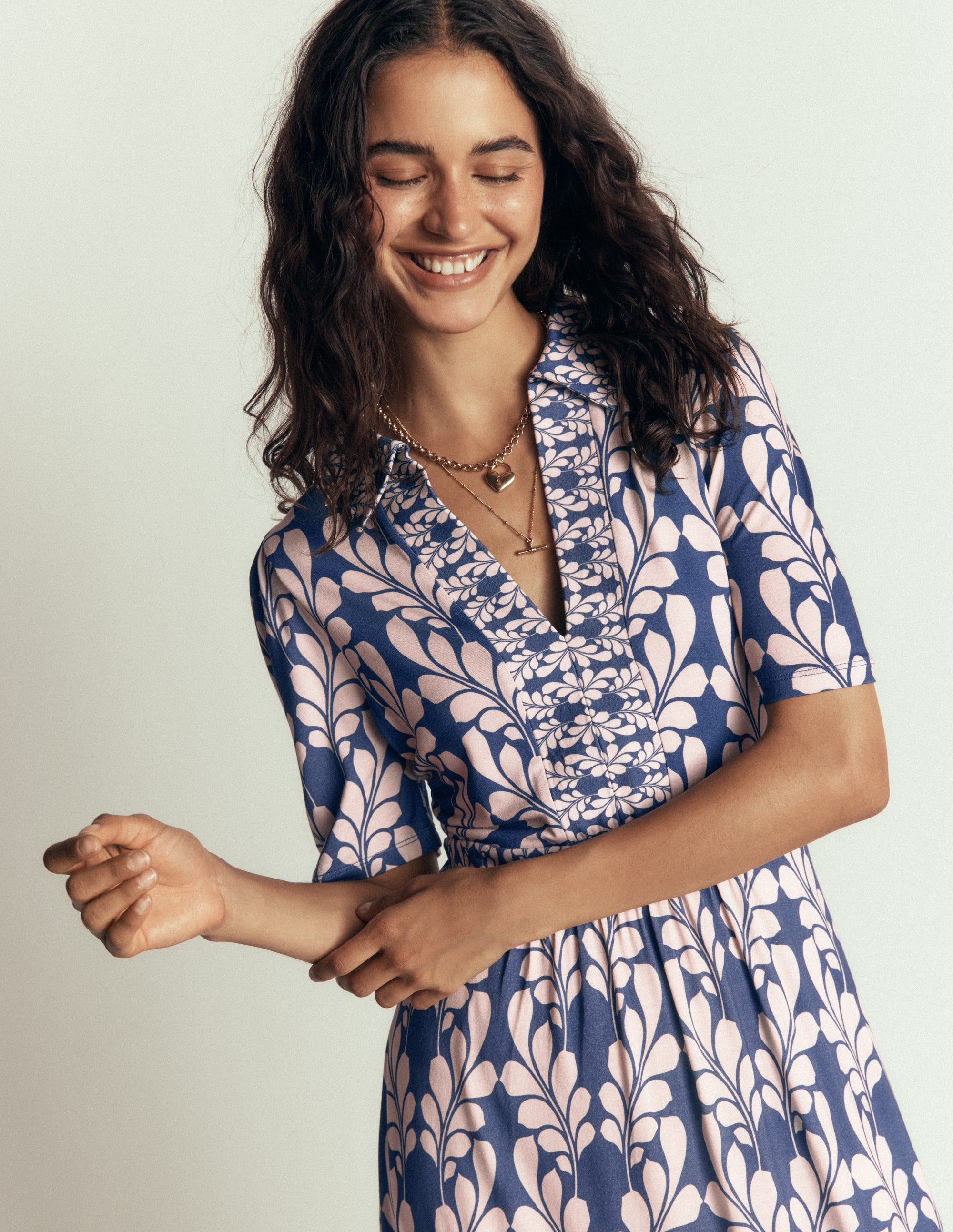 Heidi Jersey Midi Tea Dress-Denim Blue, Delicate Trail - Image 2