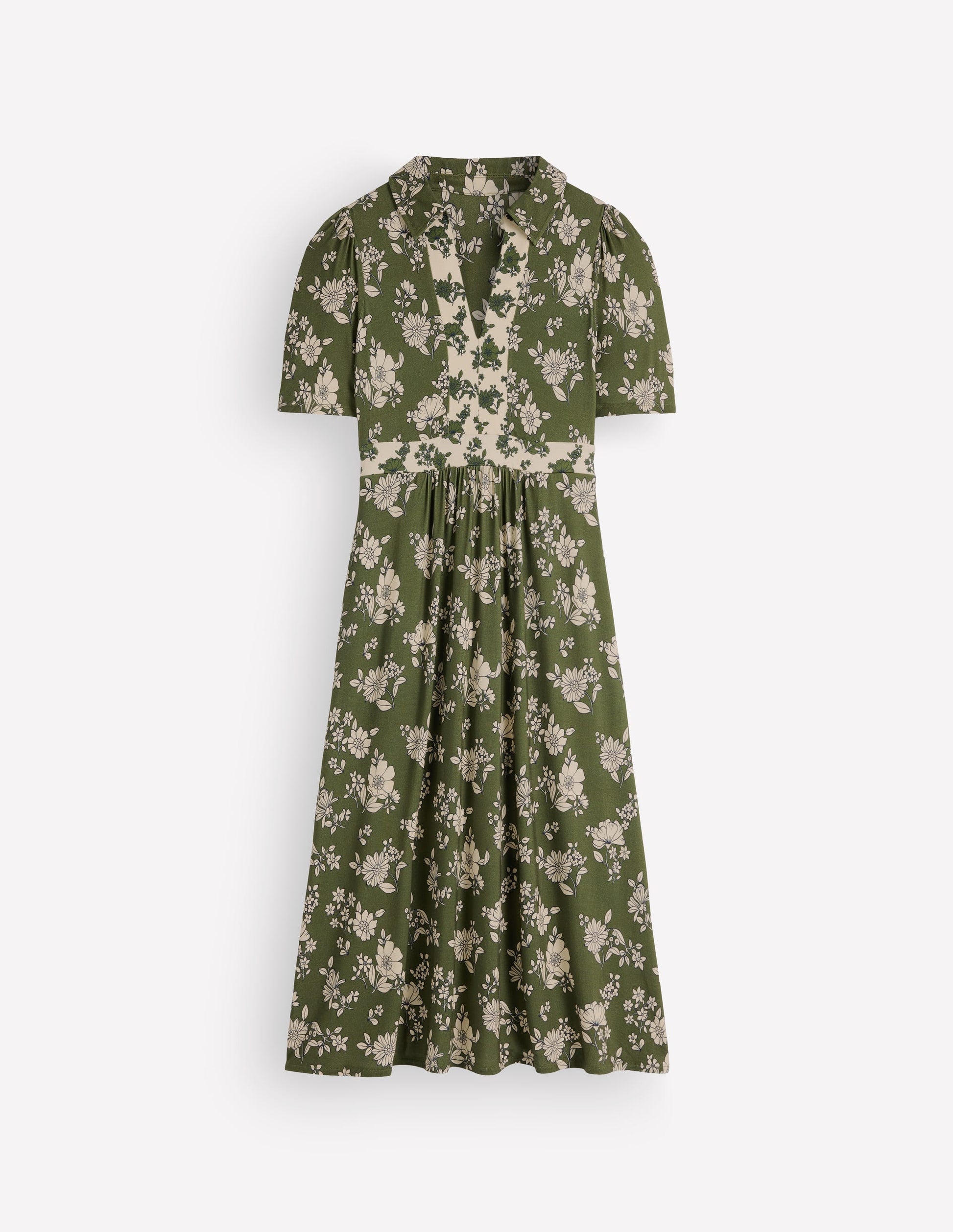 Heidi Midi-Teekleid aus Jersey-Olivgrün, Blumenfeld Verteilt-8