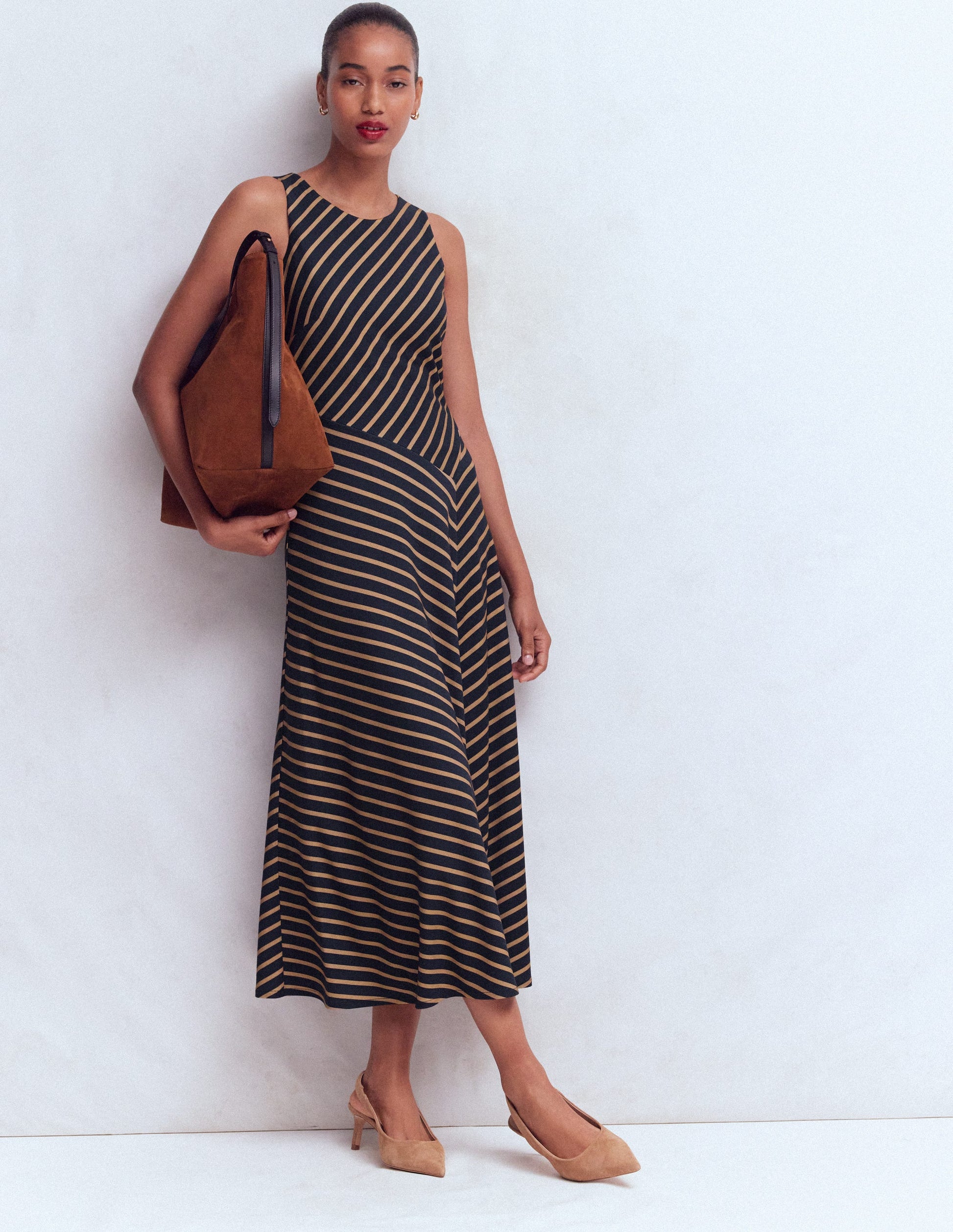 Robe midi asymétrique en point de Rome-Rayé bleu marine et camel-2
