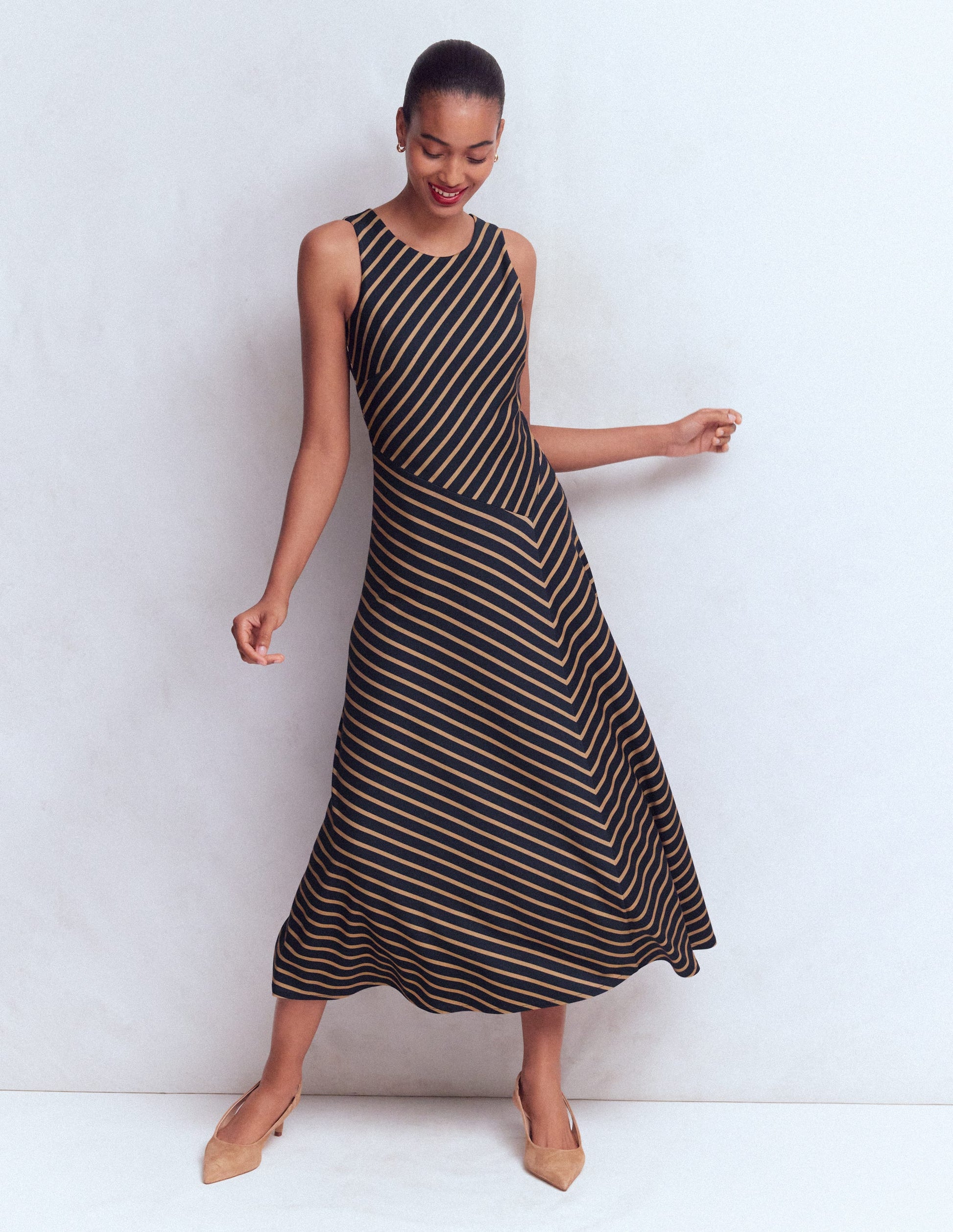 Robe midi asymétrique en point de Rome-Rayé bleu marine et camel-5