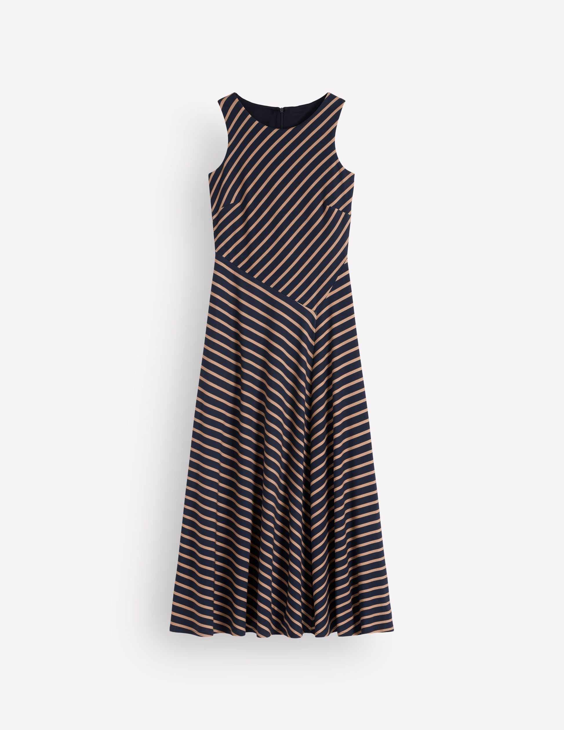 Robe midi asymétrique en point de Rome-Rayé bleu marine et camel-7