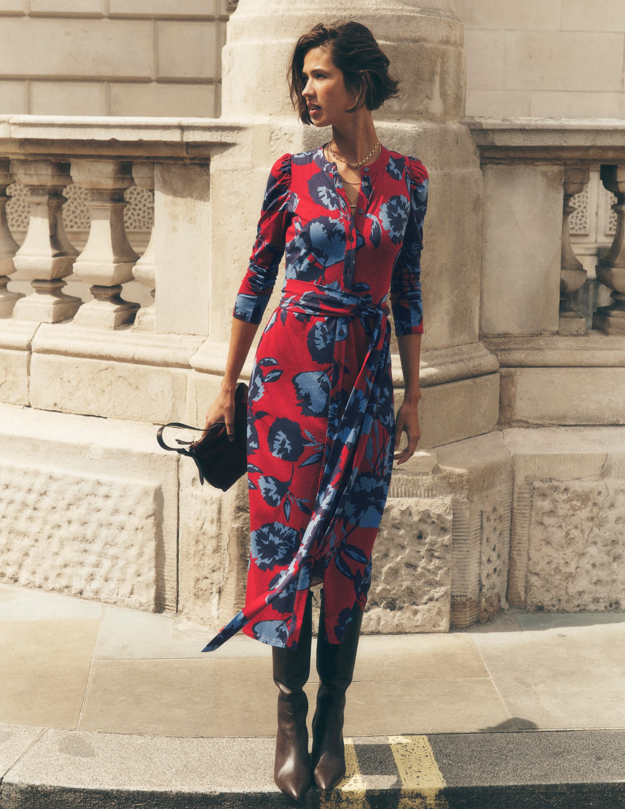 Robe midi colonne Honor en jersey-Rouge pourpre, motif Forest Breeze - Image 1