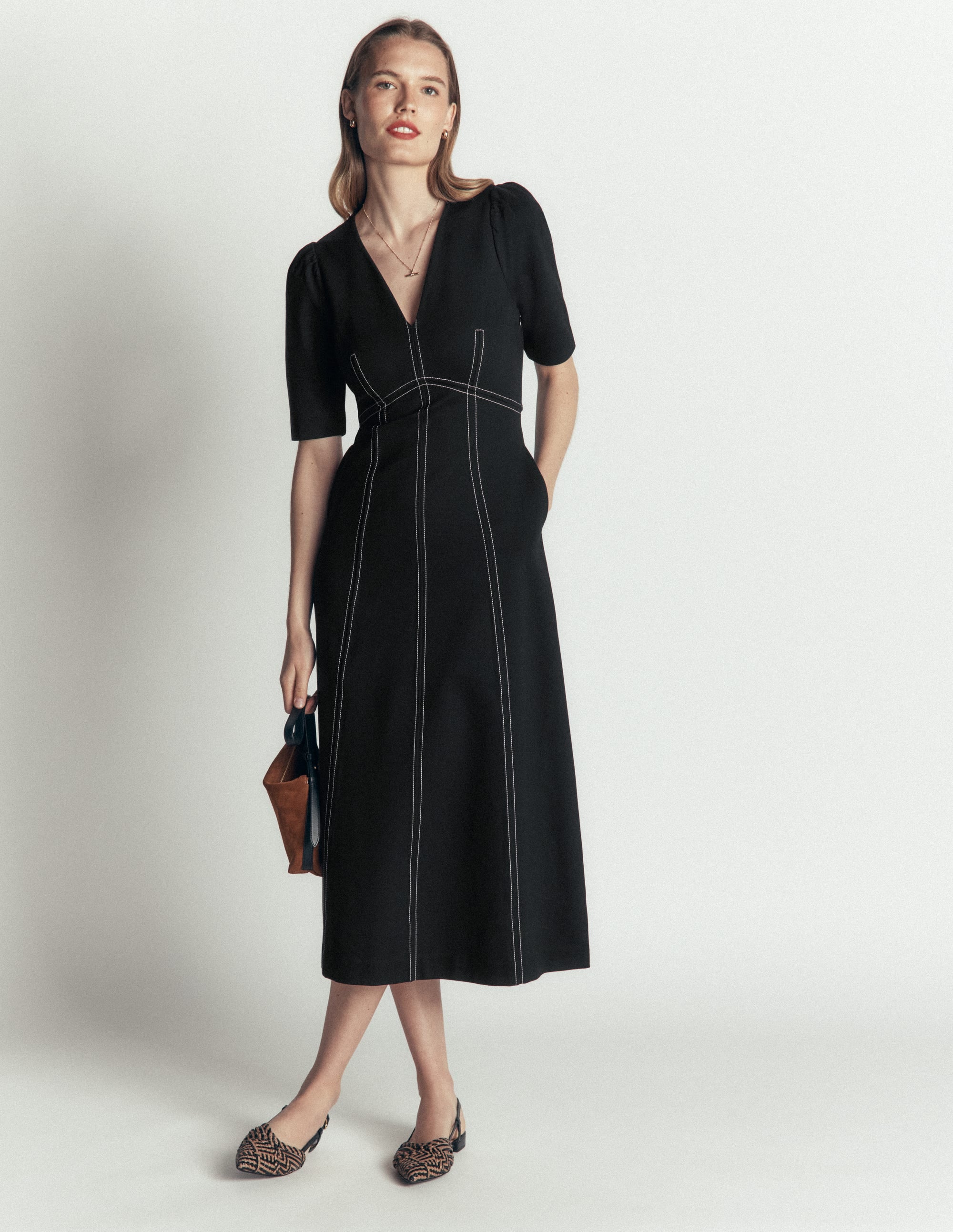 Ponte-Midikleid mit Puffärmeln-Schwarz - Image 1