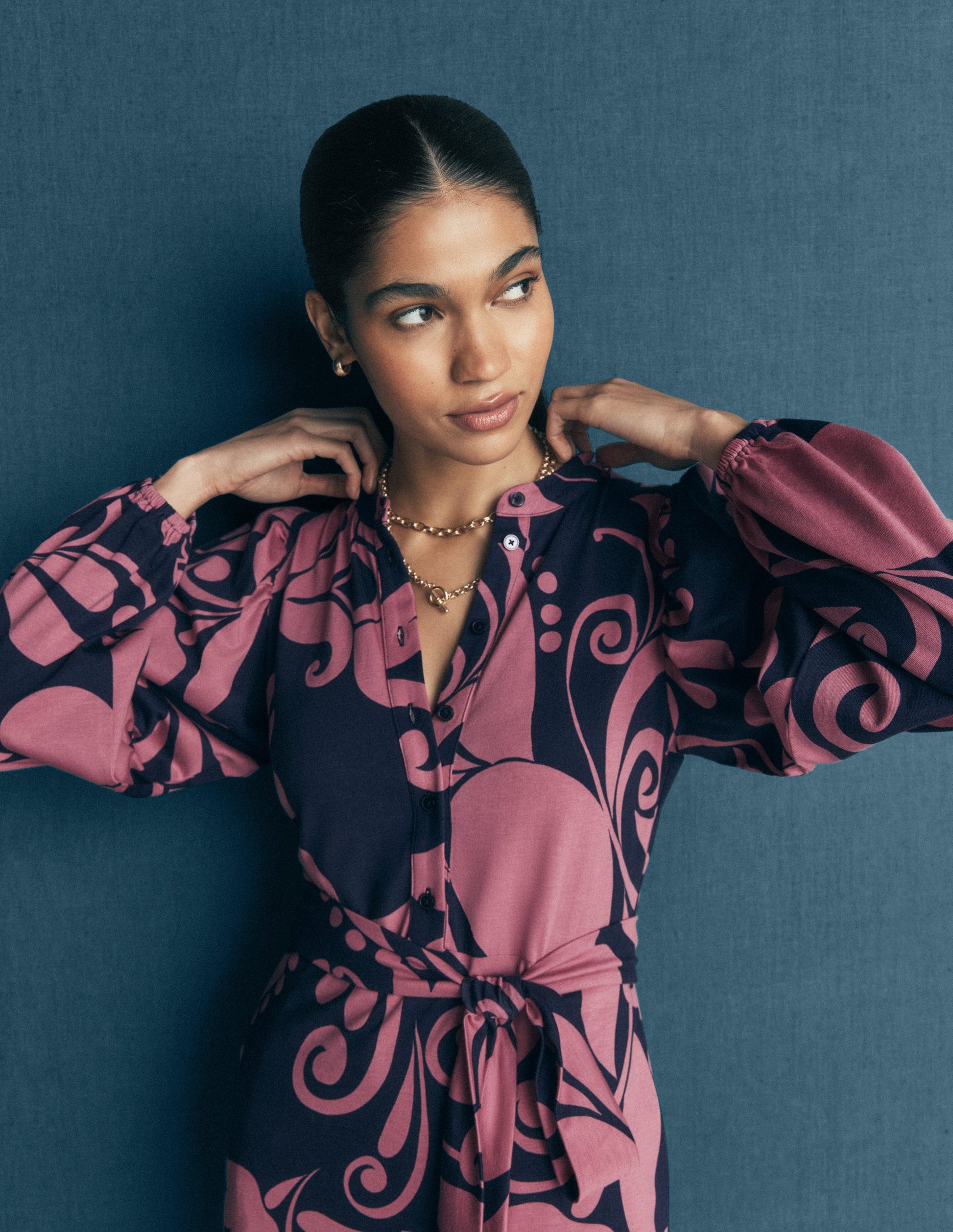 Eli Jersey-Midikleid mit Gürtel-Französisches Marineblau, Blütenbrise-3