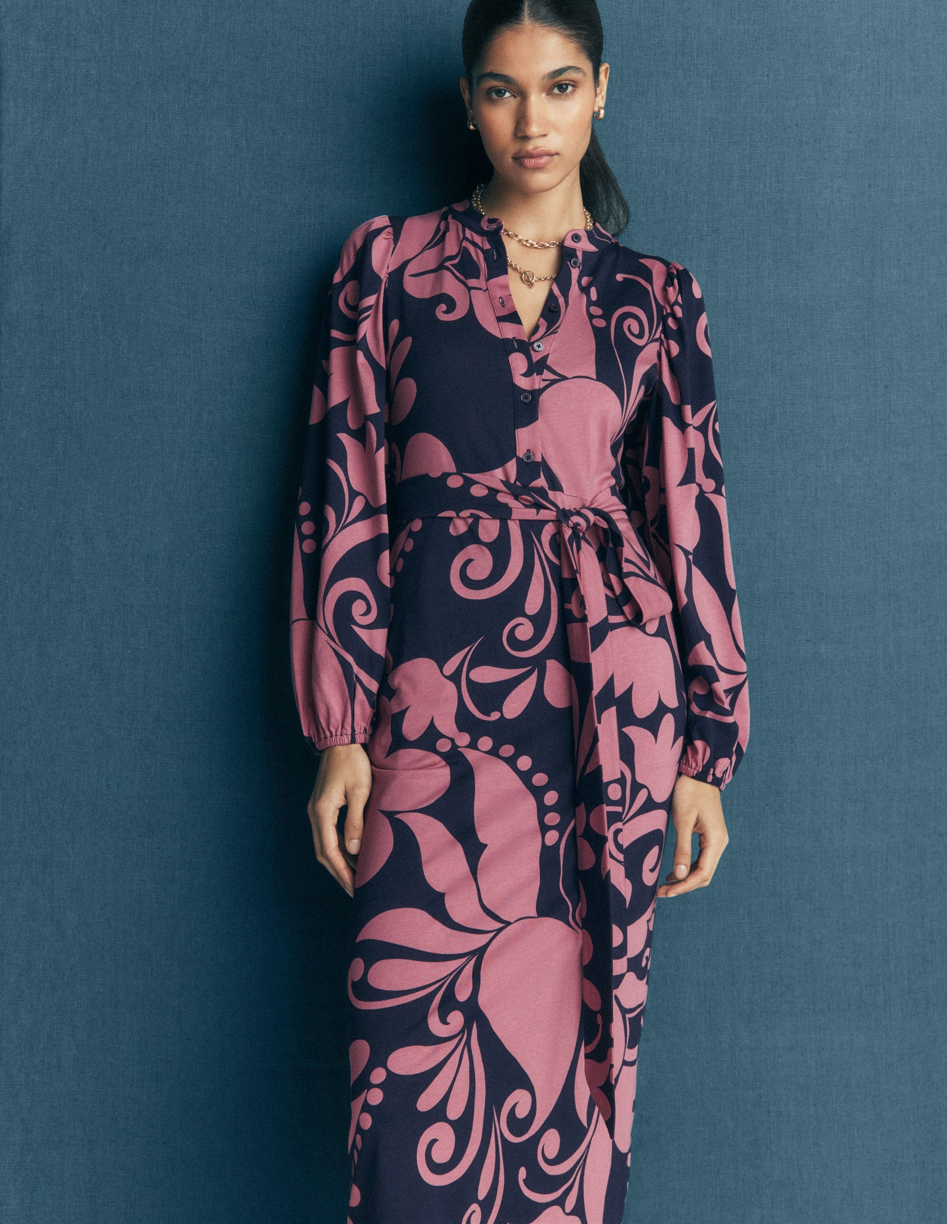 Eli Jersey-Midikleid mit Gürtel-Französisches Marineblau, Blütenbrise-5