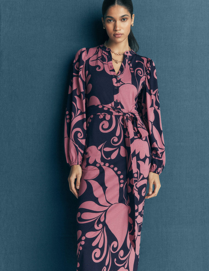 Robe midi Eli en jersey à ceinture-Bleu marine foncé, motif Floral Breeze