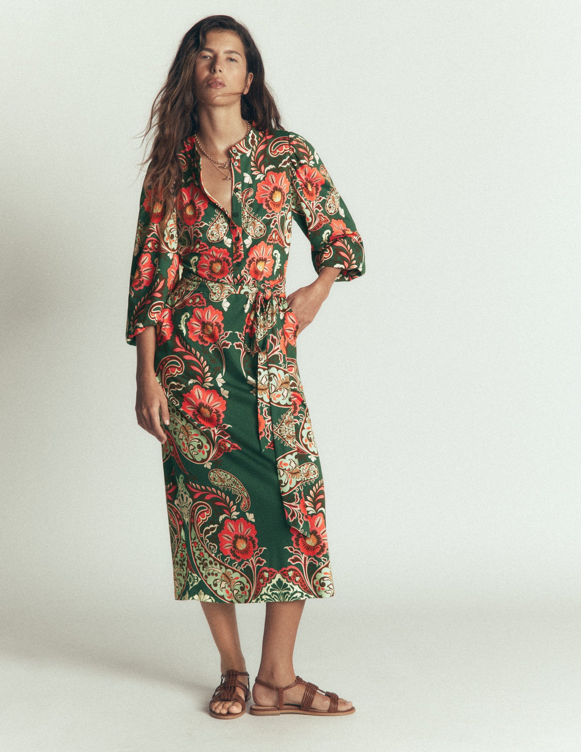 Eli Belted Jersey Midi Dress-Hunter Green, Bohemia Dream-4