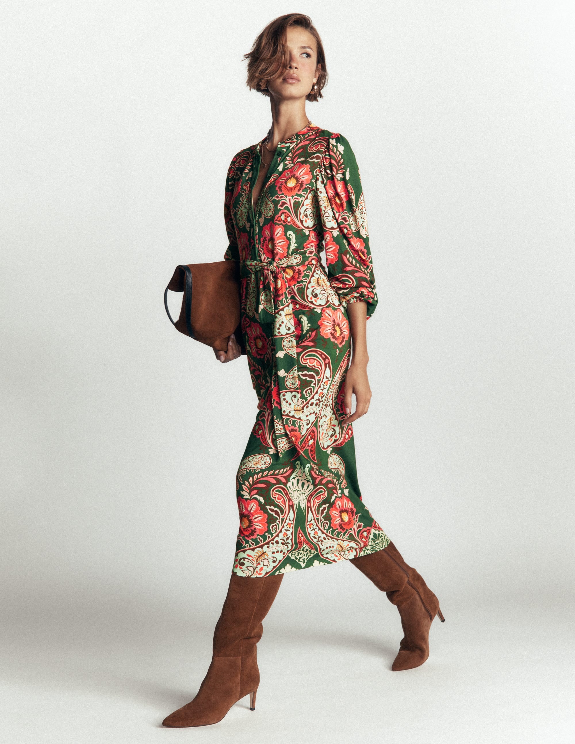 Robe midi Eli en jersey à ceinture-Vert chasseur, motif Bohemia Dream - Image 6