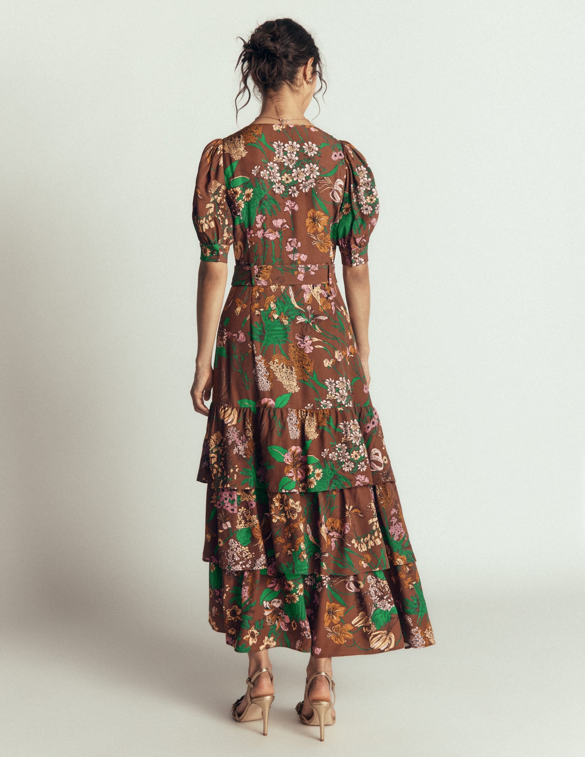Mehrlagiges Kleid mit V-Ausschnitt-Schokoladeneis Originelles Blumenmuster - Image 7