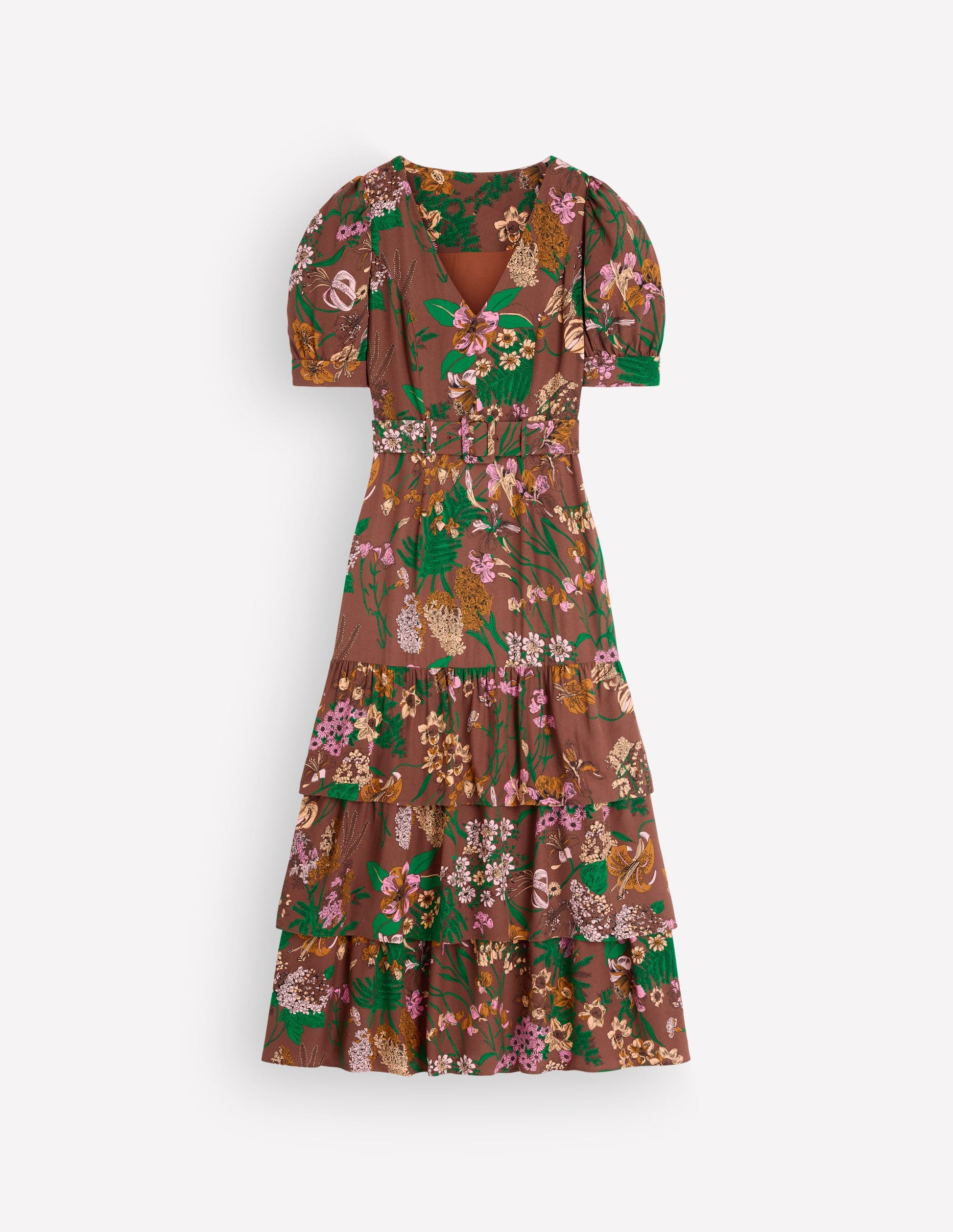 Mehrlagiges Kleid mit V-Ausschnitt-Schokoladeneis Originelles Blumenmuster-9