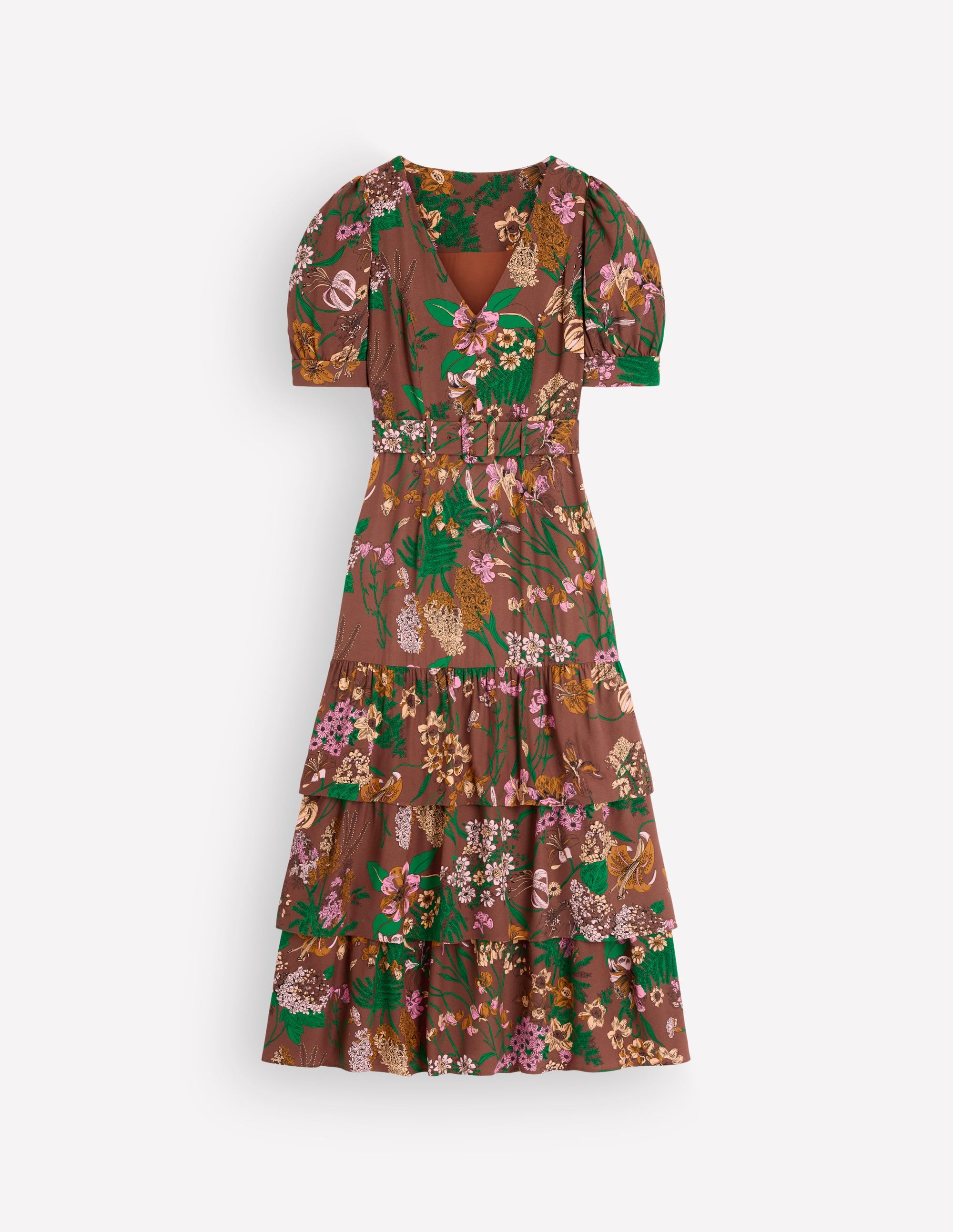 Mehrlagiges Kleid mit V-Ausschnitt-Schokoladeneis Originelles Blumenmuster - Image 9
