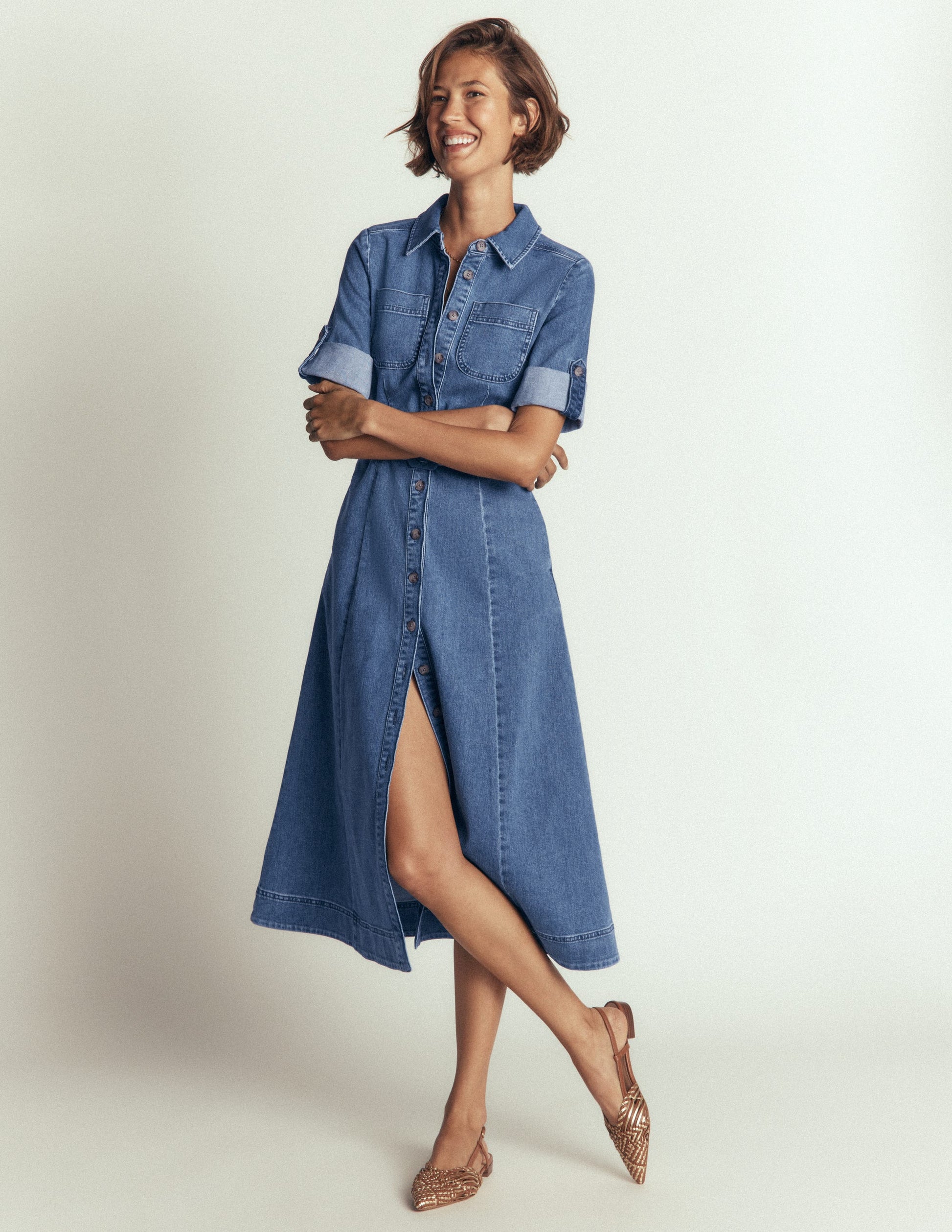 Robe-chemise midi en jean-Blanc/Cerf-1