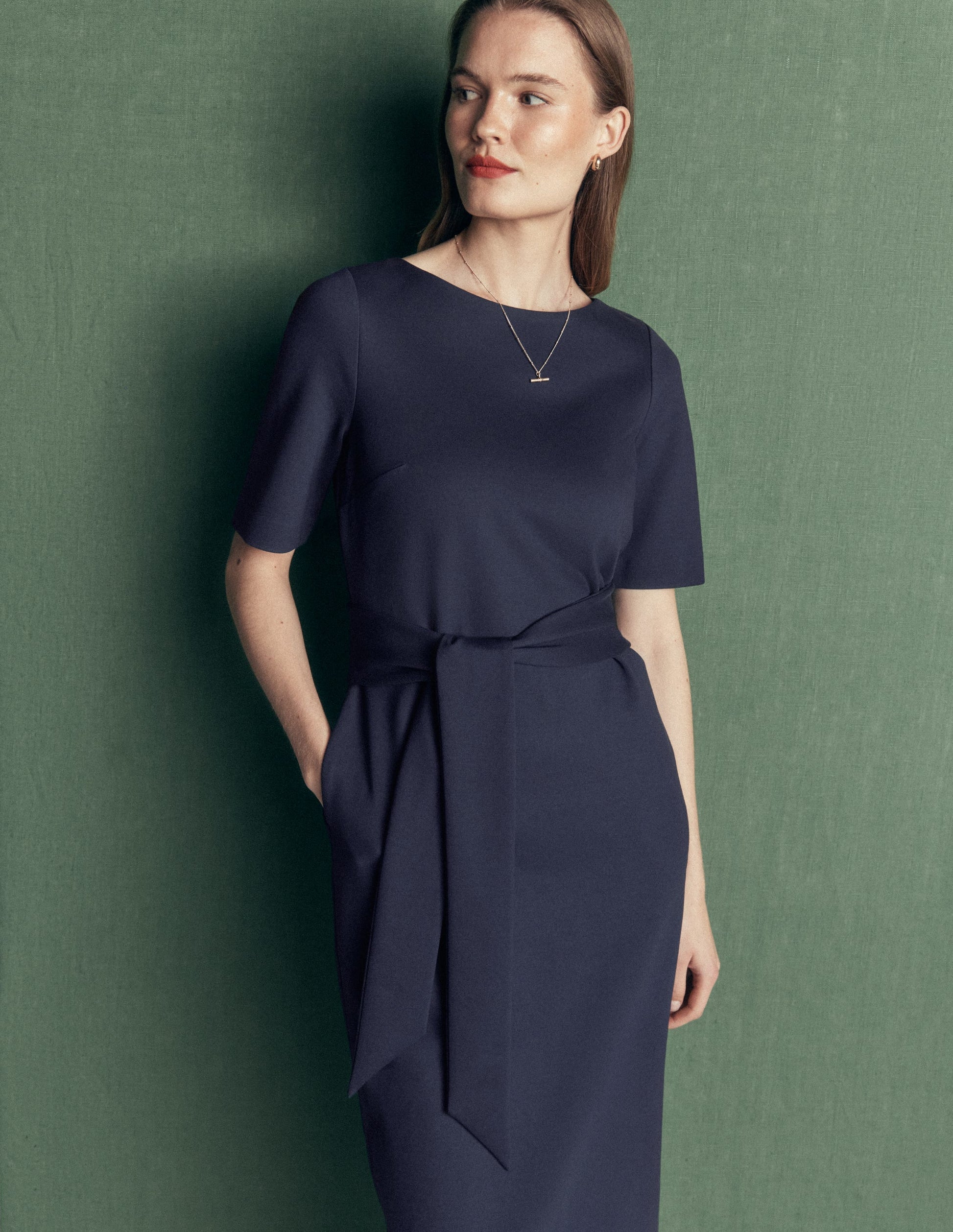 Ponte-Midikleid mit Gürtel-Marineblau-2
