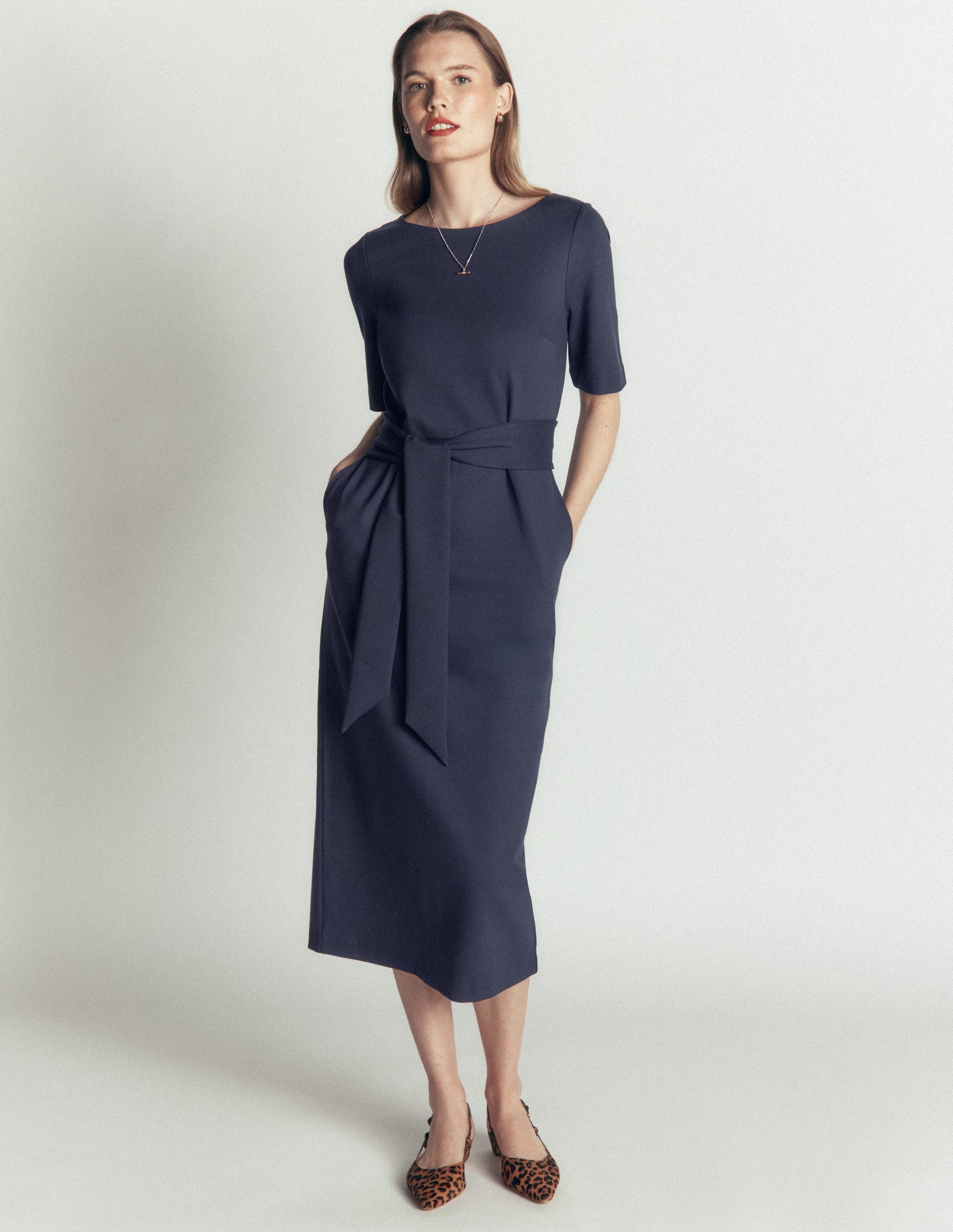 Ponte-Midikleid mit Gürtel-Marineblau-4