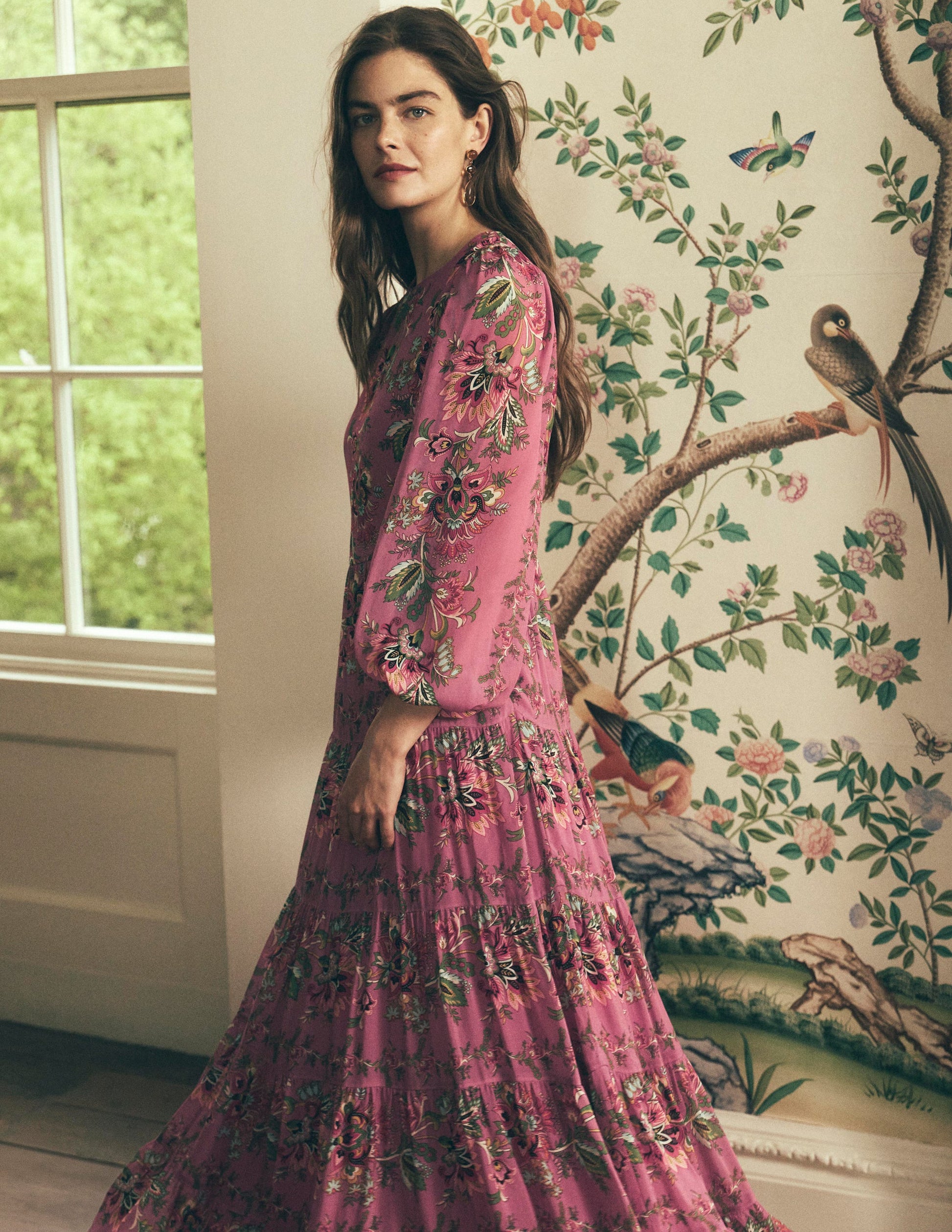 Buntes Maxikleid mit Stufen-Rosa Heidekraut, Gefrorenes Blumenmuster-1