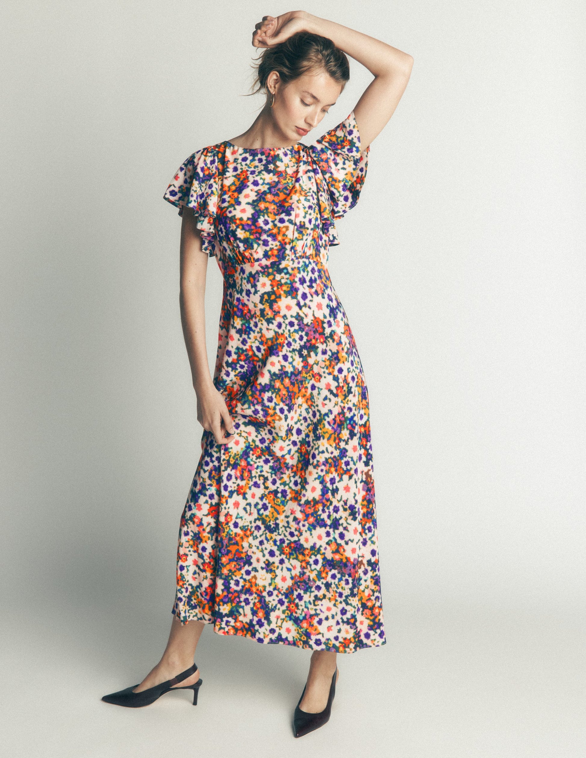 Kleid mit drapierten Ärmeln für besondere Anlässe-Bunt, Blumenmuster-Fusion-6