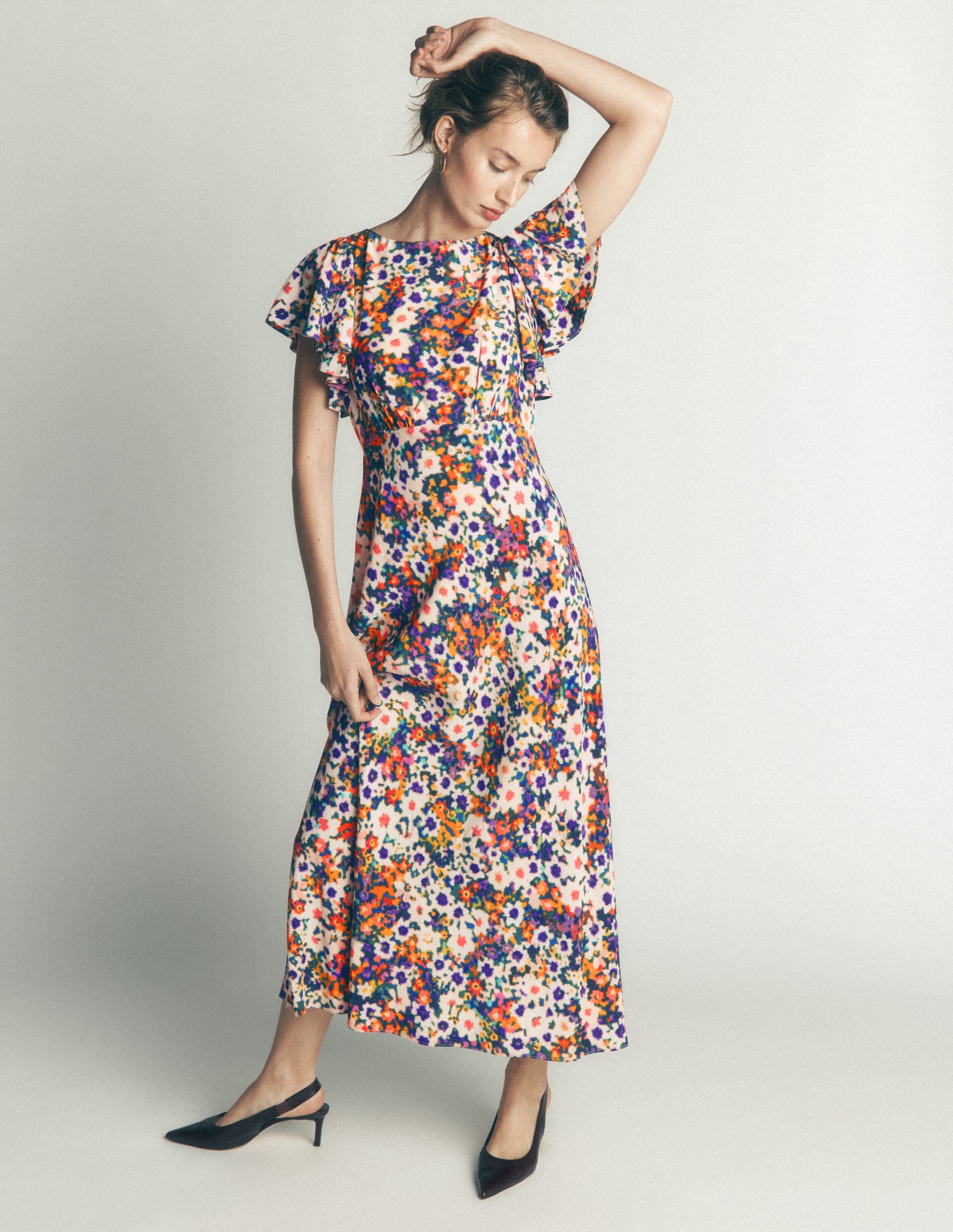 Kleid mit drapierten Ärmeln für besondere Anlässe-Bunt, Blumenmuster-Fusion - Image 5