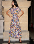 Kleid mit drapierten Ärmeln für besondere Anlässe-Bunt, Blumenmuster-Fusion