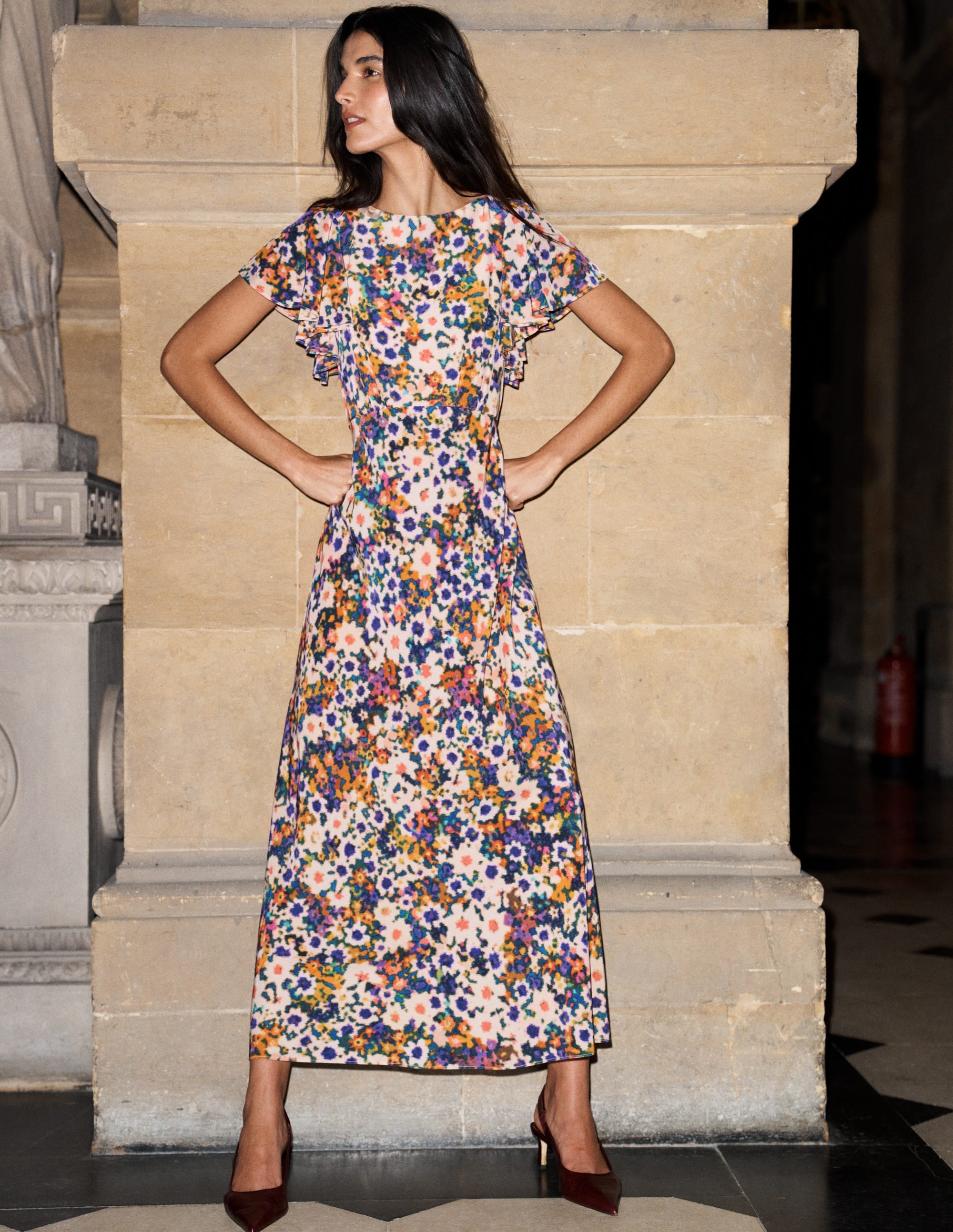 Kleid mit drapierten Ärmeln für besondere Anlässe-Bunt, Blumenmuster-Fusion - Image 1