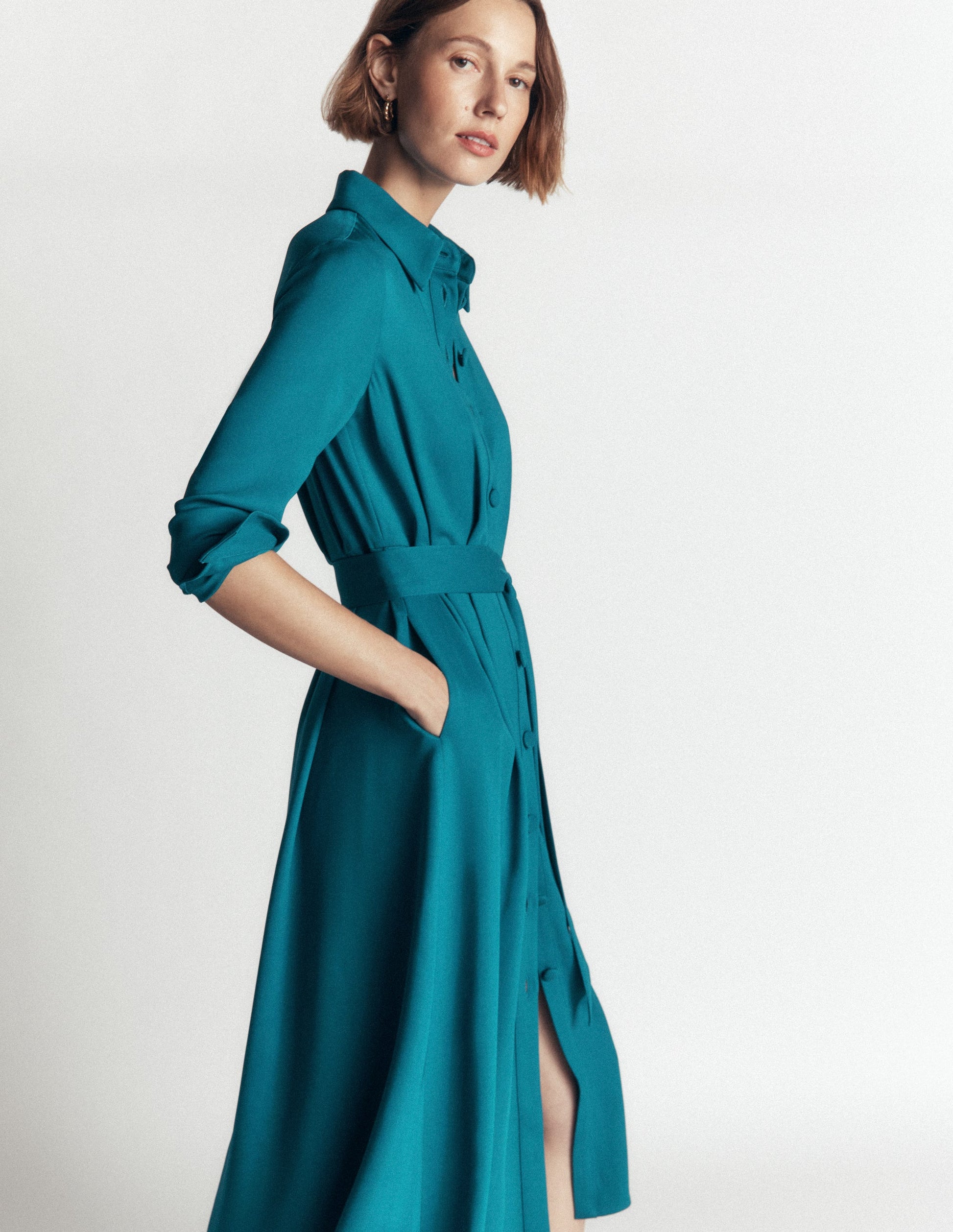 Kate Plissiertes Hemdblusenkleid-Meeresgrün-8