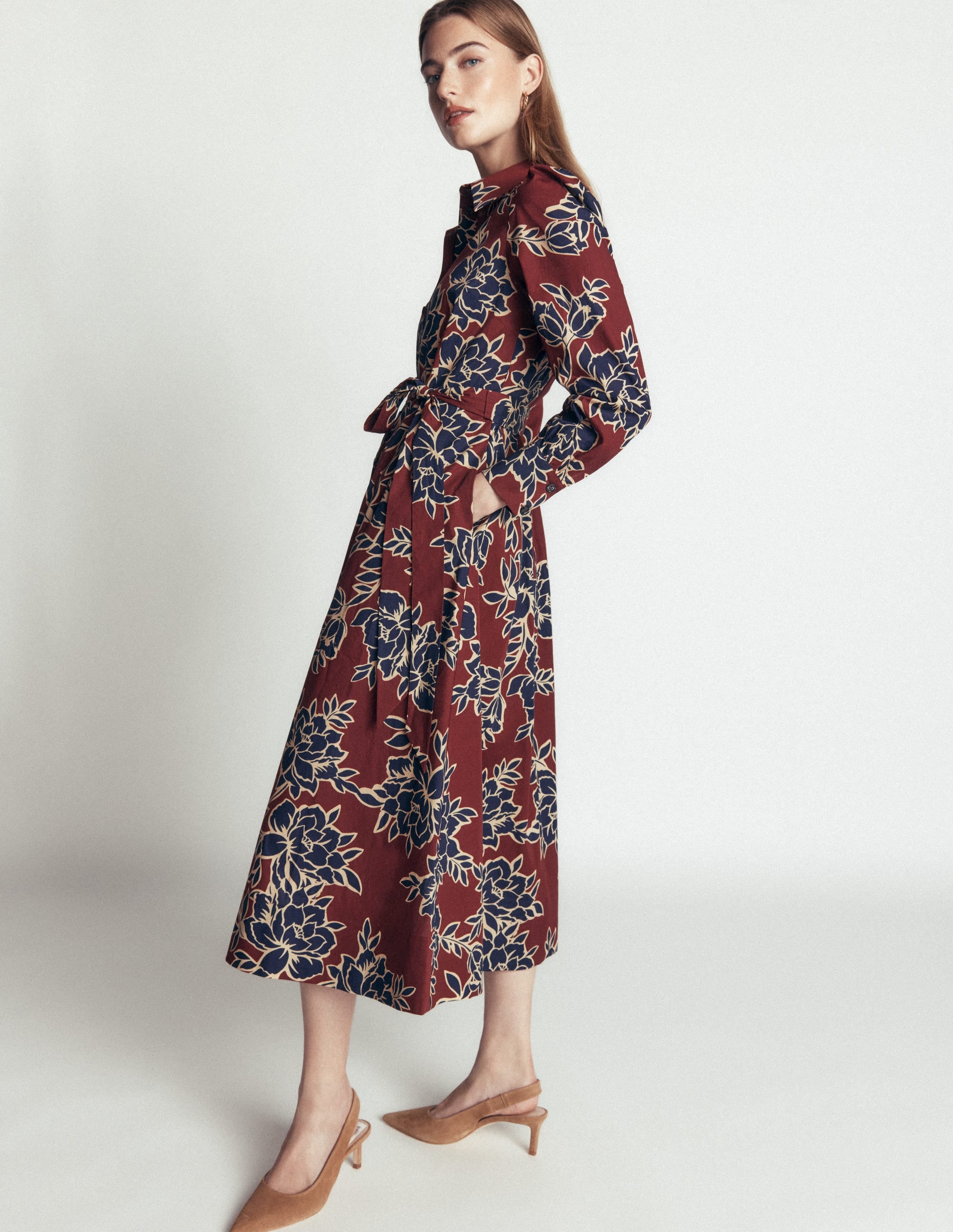 Maeve Midi-Hemdblusenkleid aus Baumwolle-Braun, Verzauberte Pfingstrose Groß - Image 1