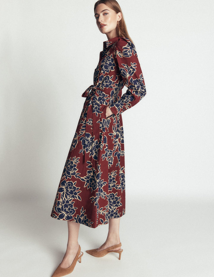 Maeve Midi-Hemdblusenkleid aus Baumwolle-Braun, Verzauberte Pfingstrose Groß