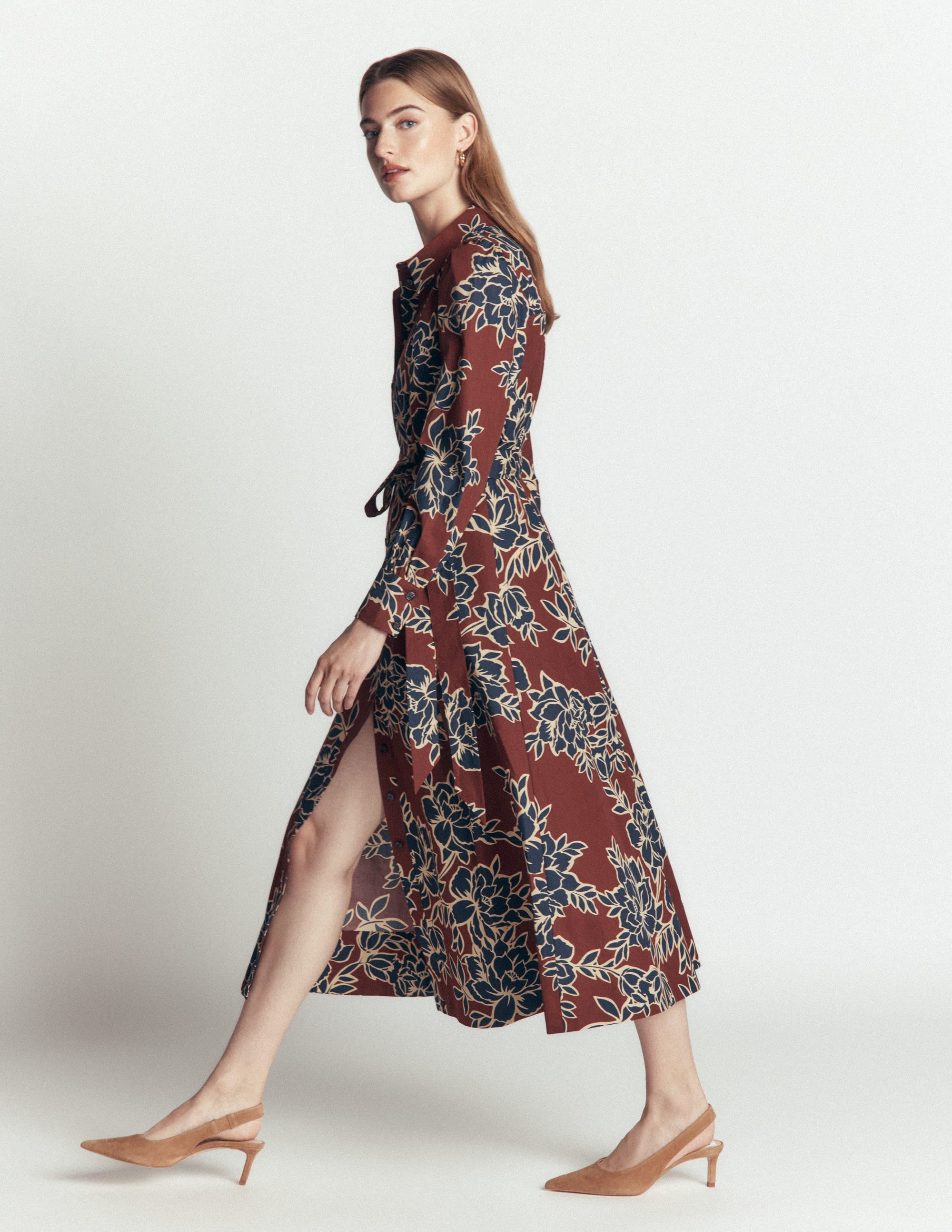 Maeve Midi-Hemdblusenkleid aus Baumwolle-Braun, Verzauberte Pfingstrose Groß - Image 4