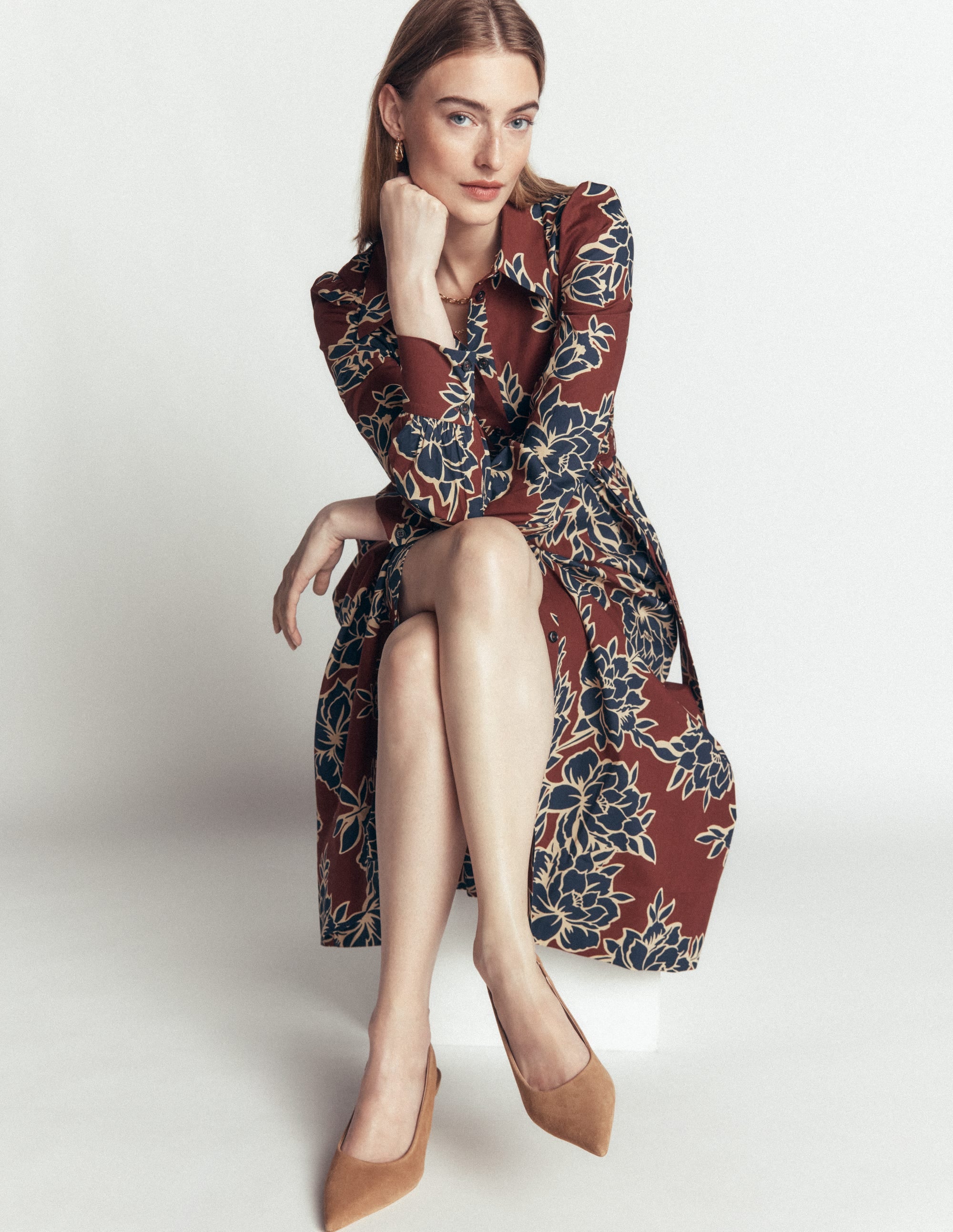 Maeve Midi-Hemdblusenkleid aus Baumwolle-Braun, Verzauberte Pfingstrose Groß - Image 5