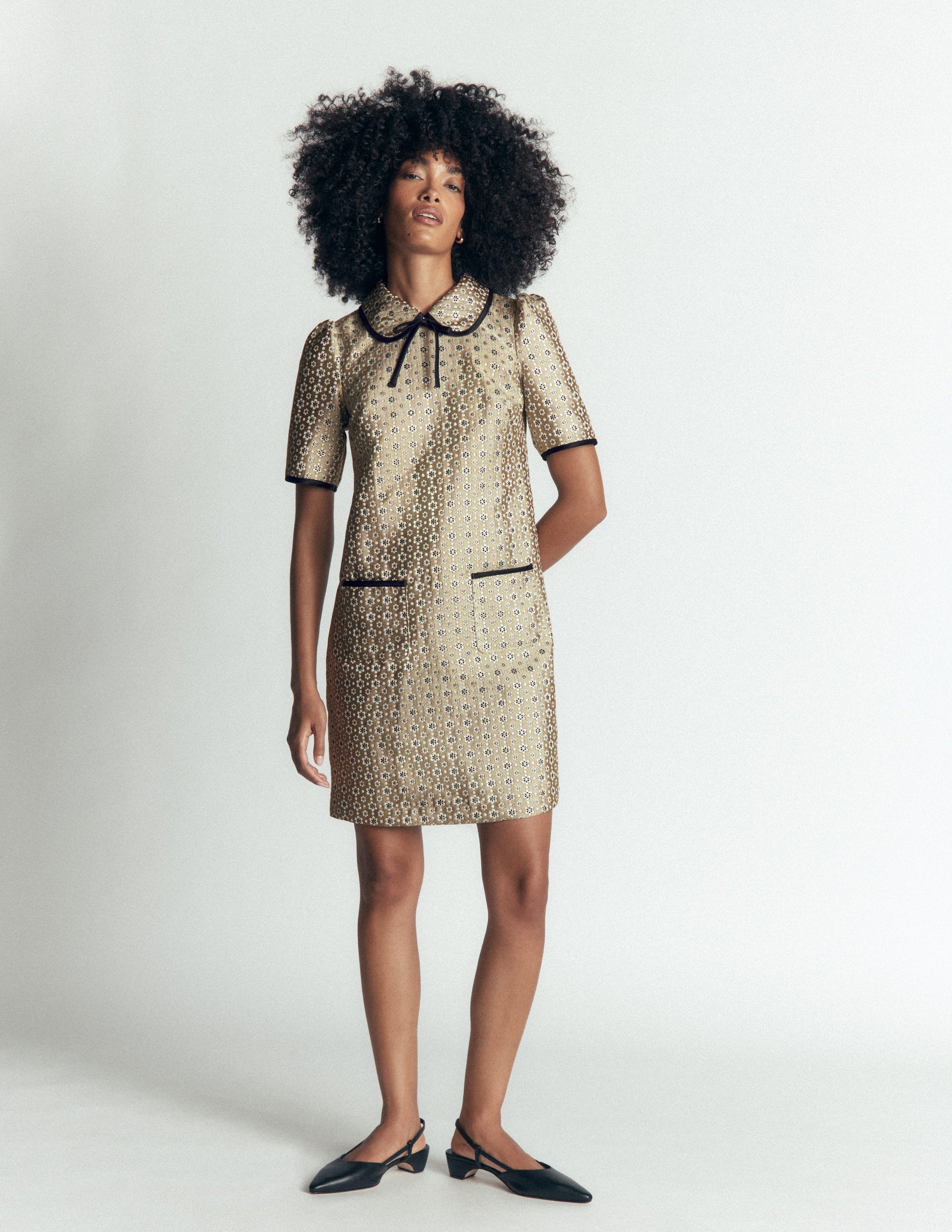 Etuikleid mit Zierschleife und Taschen-Gold, Jacquard-3