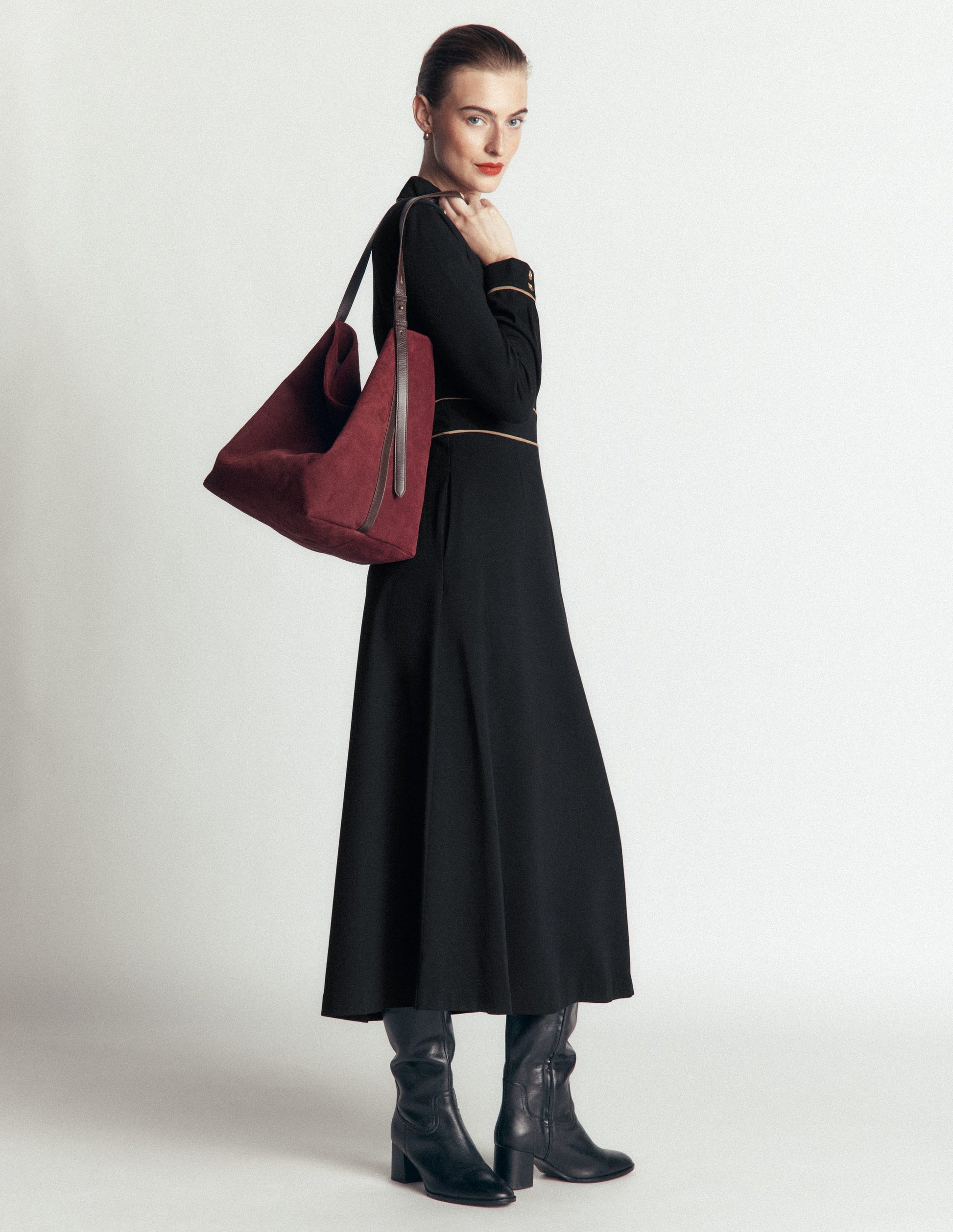 Etta Ponte-Kleid mit Paspelierung-Schwarz, Kamelbraun-1