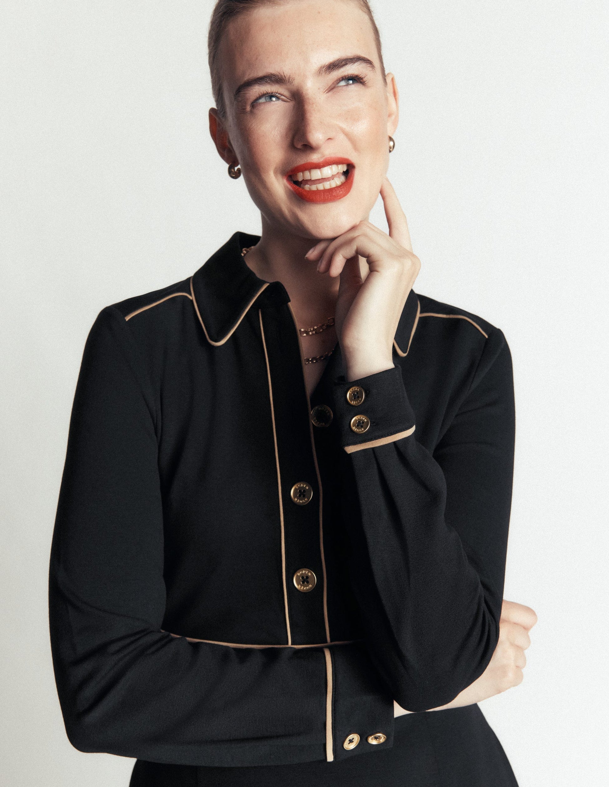 Etta Ponte-Kleid mit Paspelierung-Schwarz, Kamelbraun-2