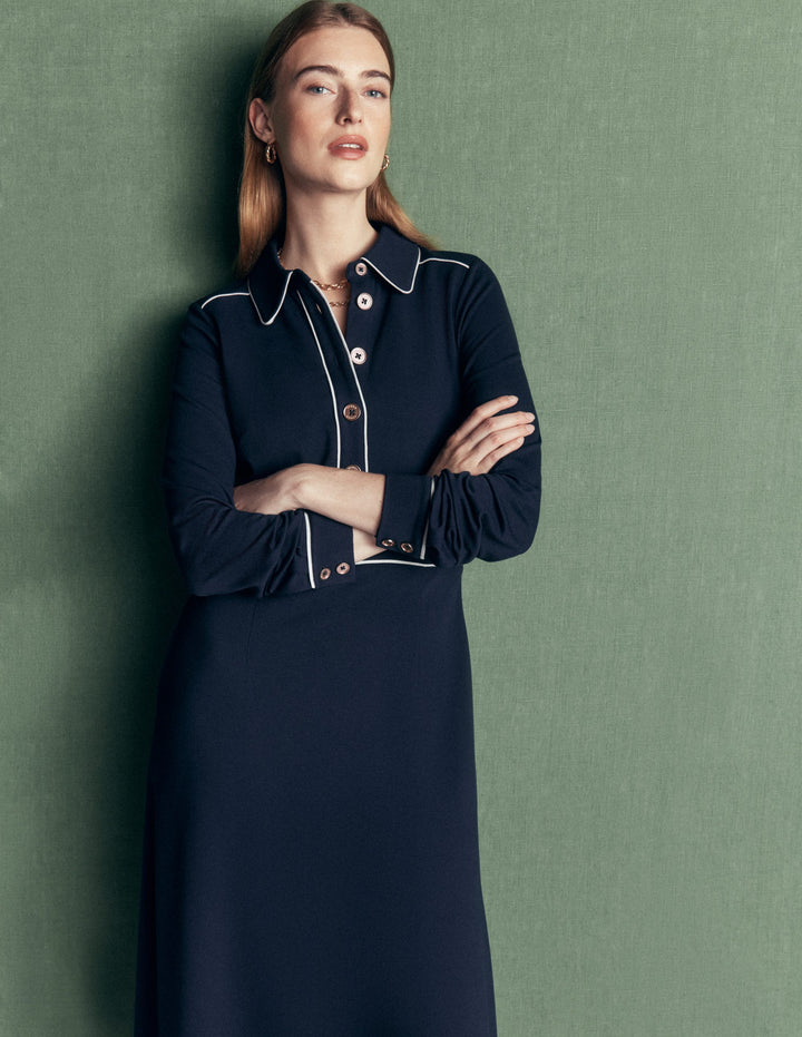 Etta Ponte-Kleid mit Paspelierung-Marineblau, Naturweiß