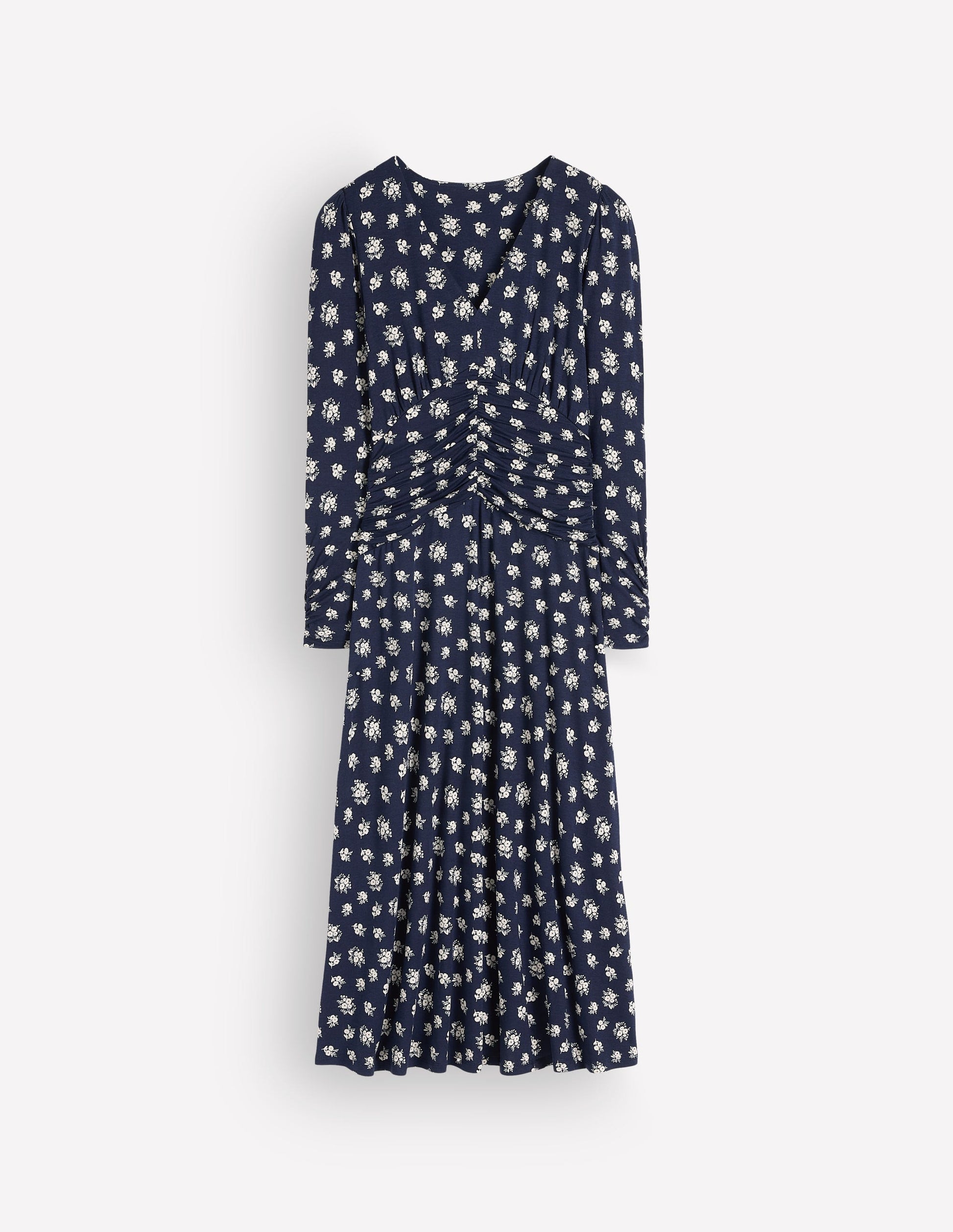 Robe midi Mya froncée en jersey-Bleu marine foncé, motif Delicate Garden-5