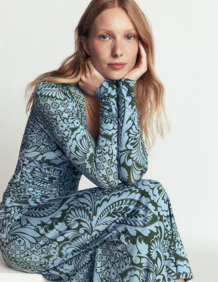 Robe midi Mya froncée en jersey-Ciboulette, motif Botanical Medley
