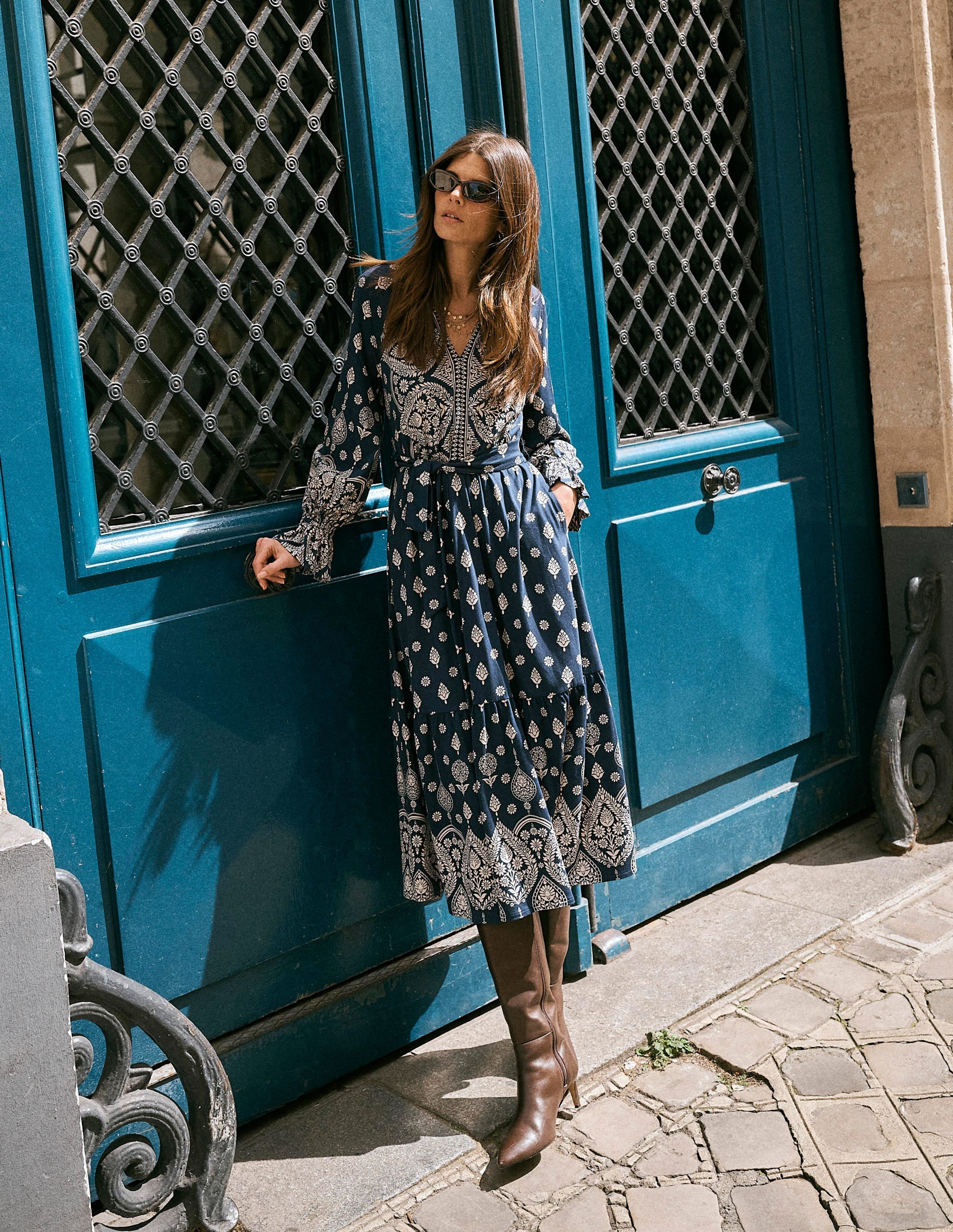 Blouson Tiered Jersey Dress-French Navy, Ornate Gardenia - Image 1