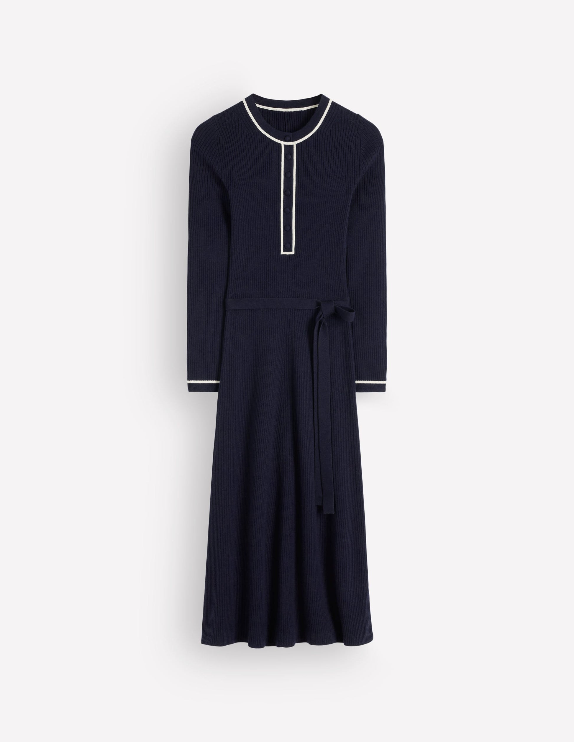 Paula Geripptes Kleid mit Rundhalsausschnitt-Marineblau, Warmes Naturweiß-5