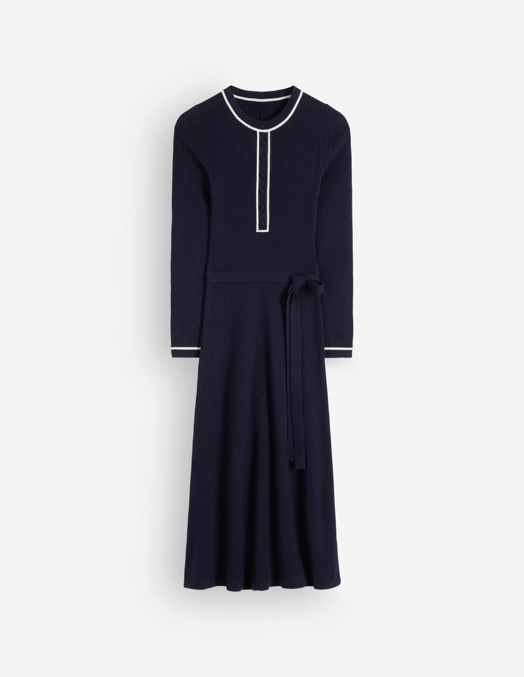 Paula Geripptes Kleid mit Rundhalsausschnitt-Marineblau, Warmes Naturweiß - Image 5