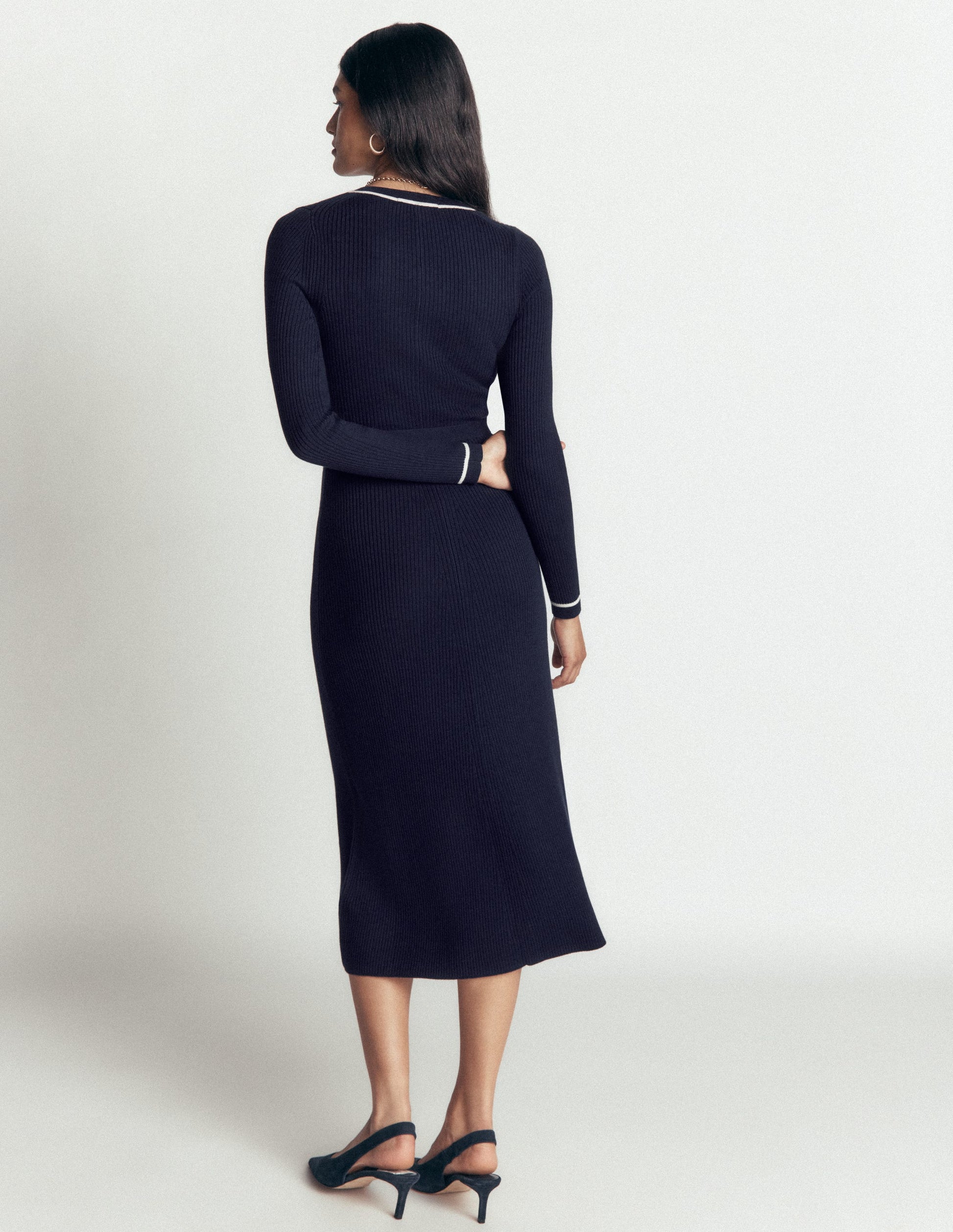 Paula Geripptes Kleid mit Rundhalsausschnitt-Marineblau, Warmes Naturweiß-3