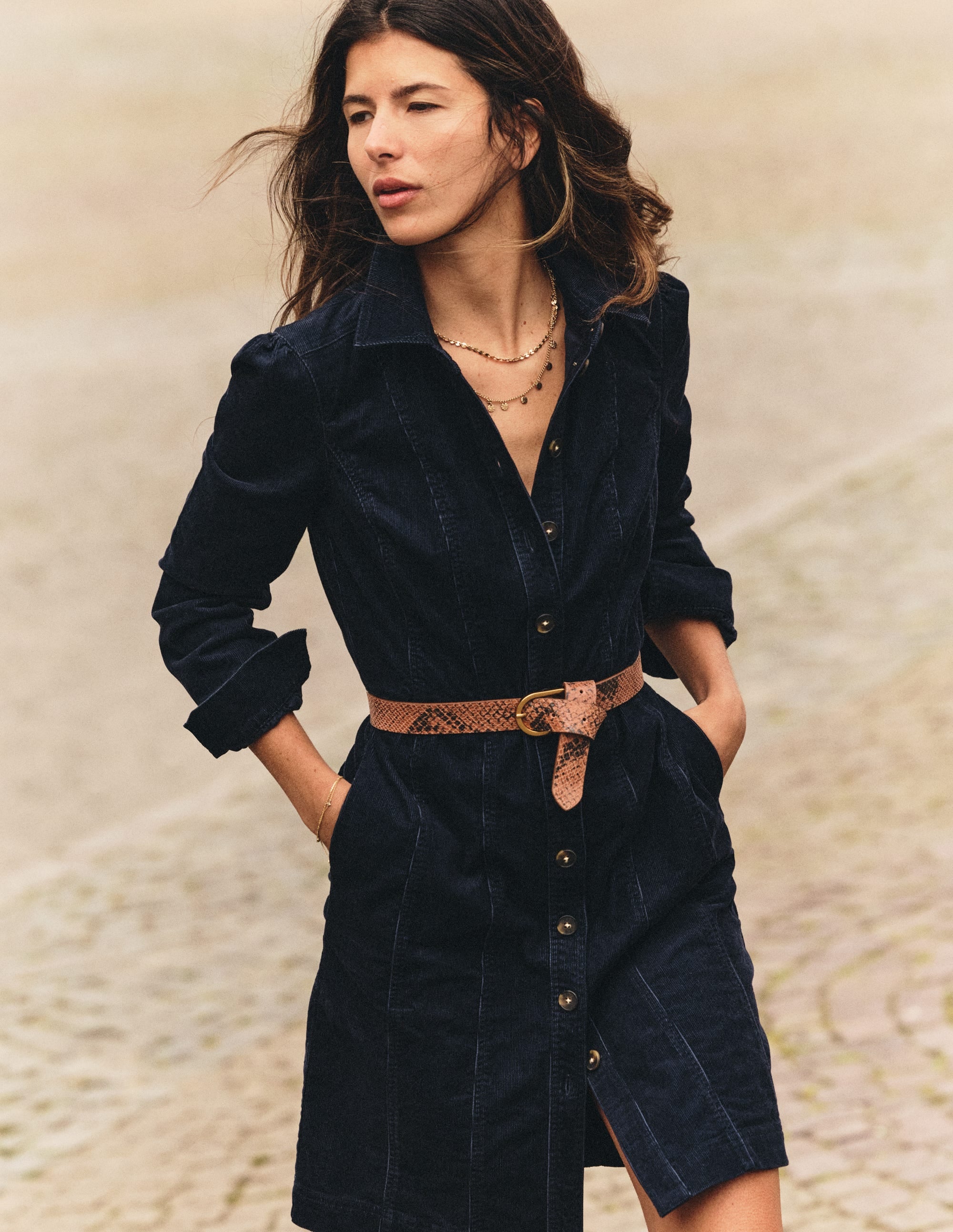 Robe courte Rhoda en velours côtelé-Bleu marine - Image 1