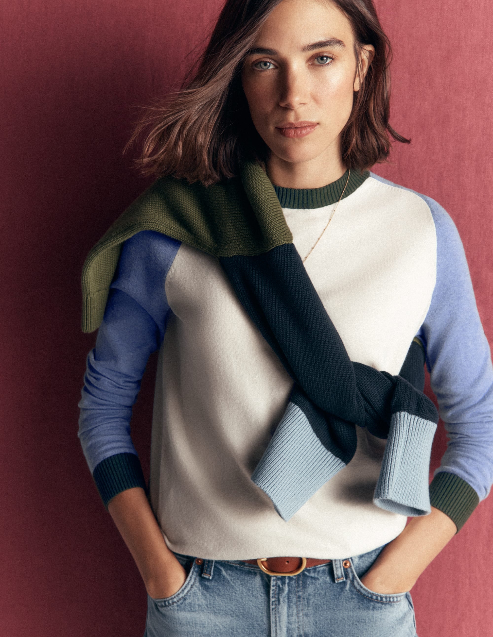 Meg Pullover mit Raglanärmeln-Naturweiß, Blau und Grün - Image 1