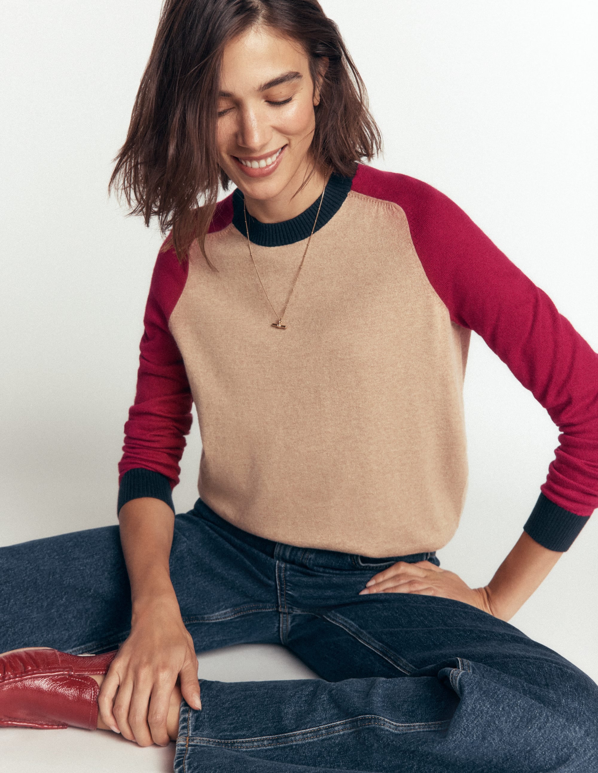 Meg Pullover mit Raglanärmeln-Camel Meliert, Rot - Image 1