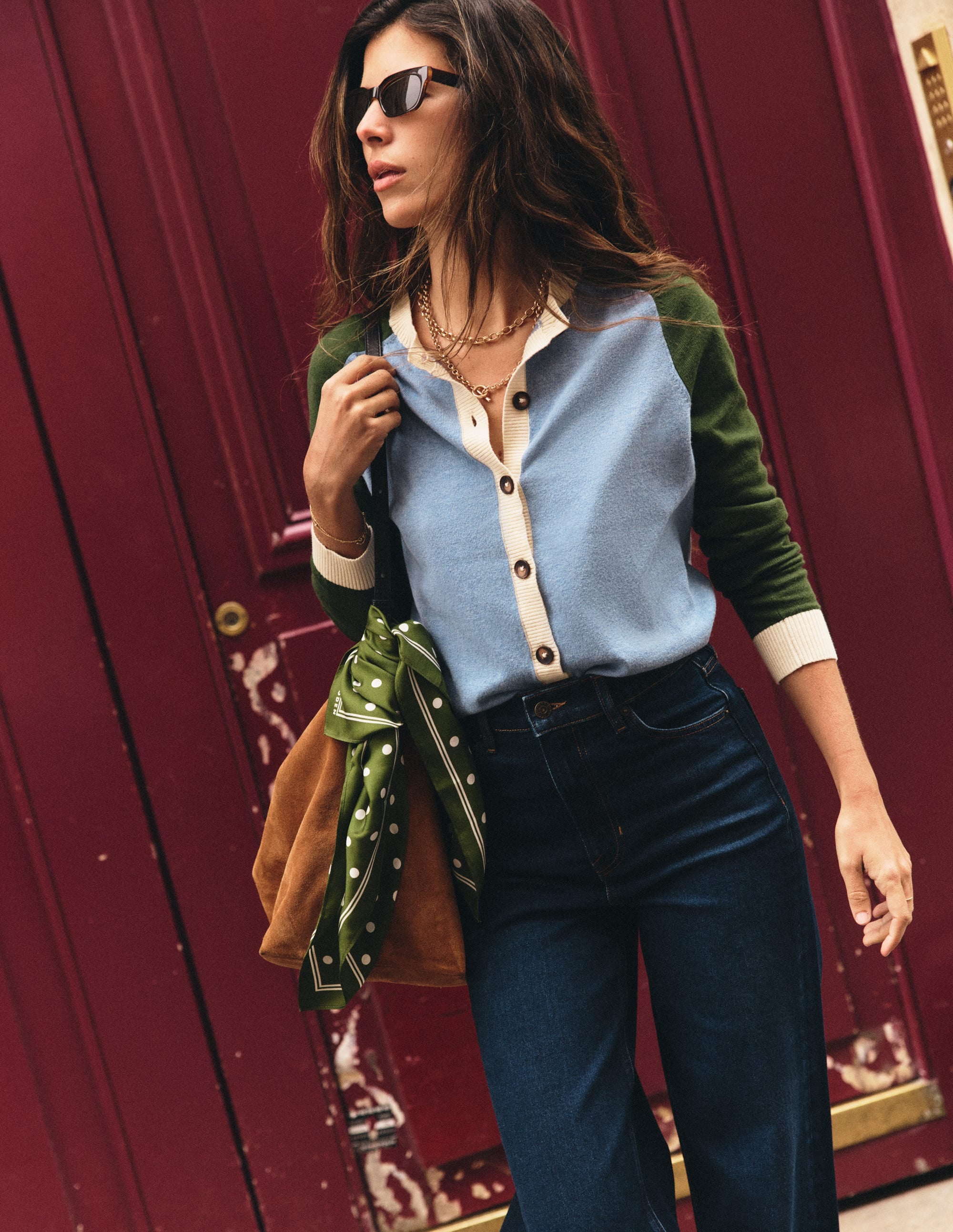 Meg Strickjacke mit Raglanärmeln-Blau Blockfarben - Image 1