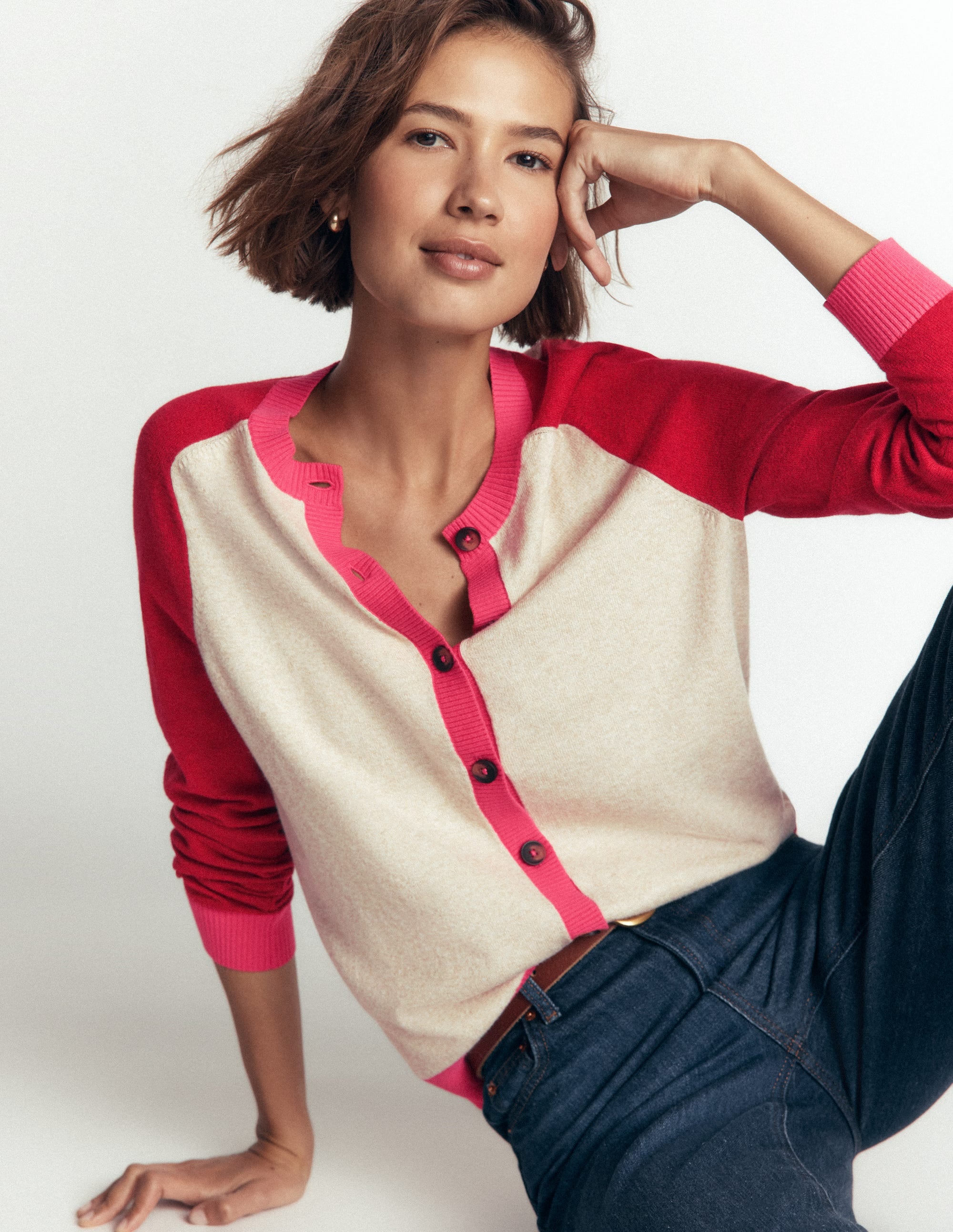 Meg Strickjacke mit Raglanärmeln-Rosa, Naturweiß Color Blocking - Image 1