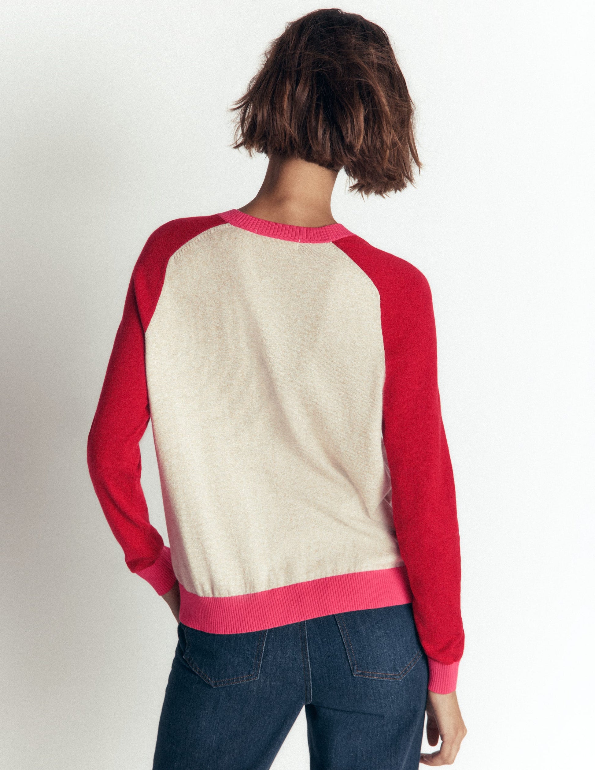 Meg Strickjacke mit Raglanärmeln-Rosa, Naturweiß Color Blocking-3