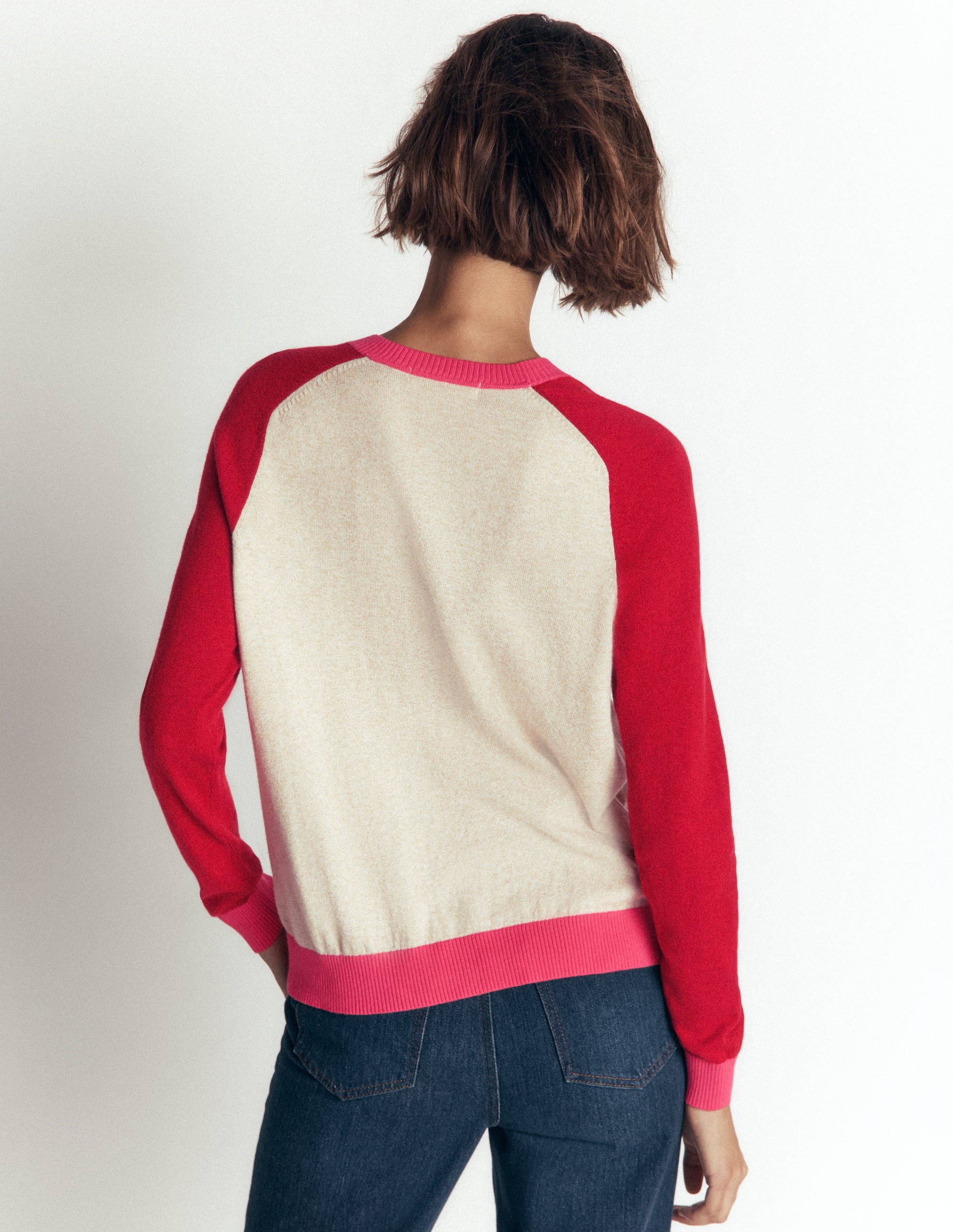 Meg Strickjacke mit Raglanärmeln-Rosa, Naturweiß Color Blocking - Image 3