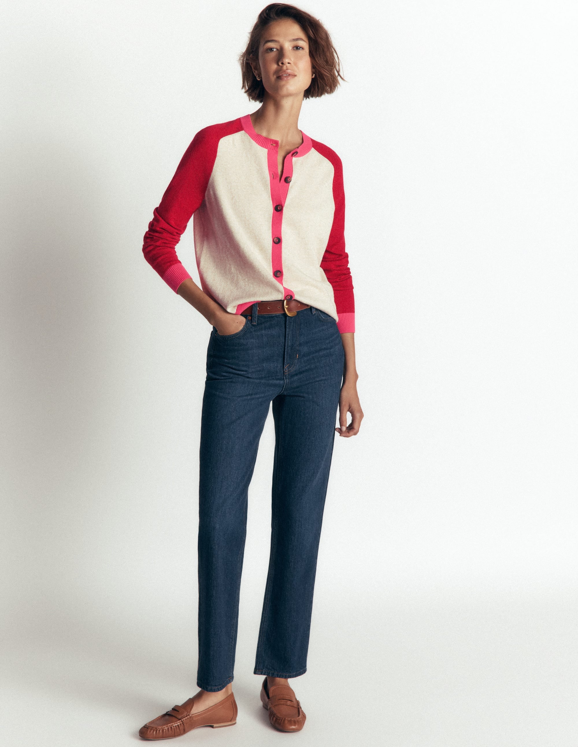 Meg Strickjacke mit Raglanärmeln-Rosa, Naturweiß Color Blocking - Image 4