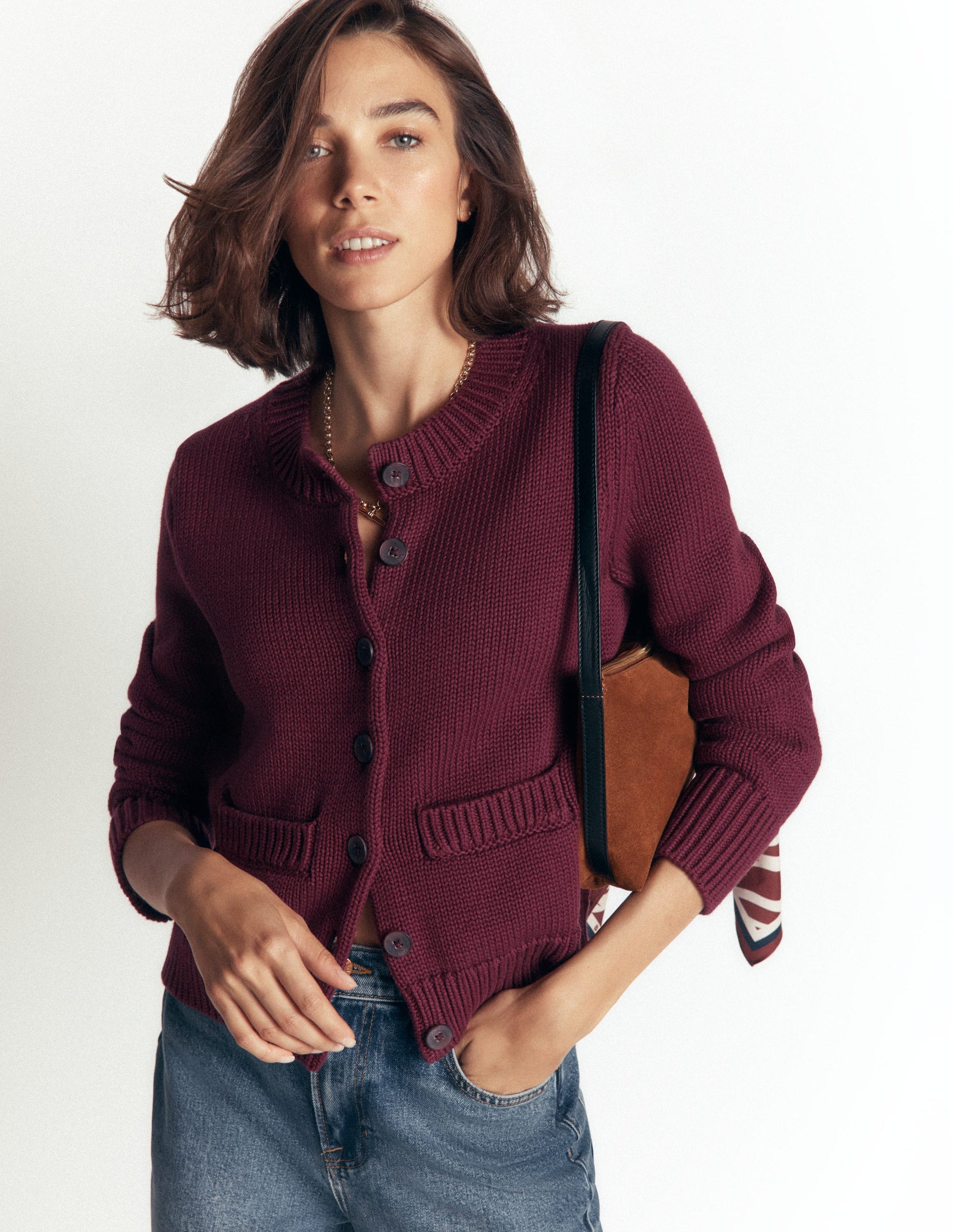 Lucy Grob gestrickte Baumwollstrickjacke-Sattes Weinrot-2