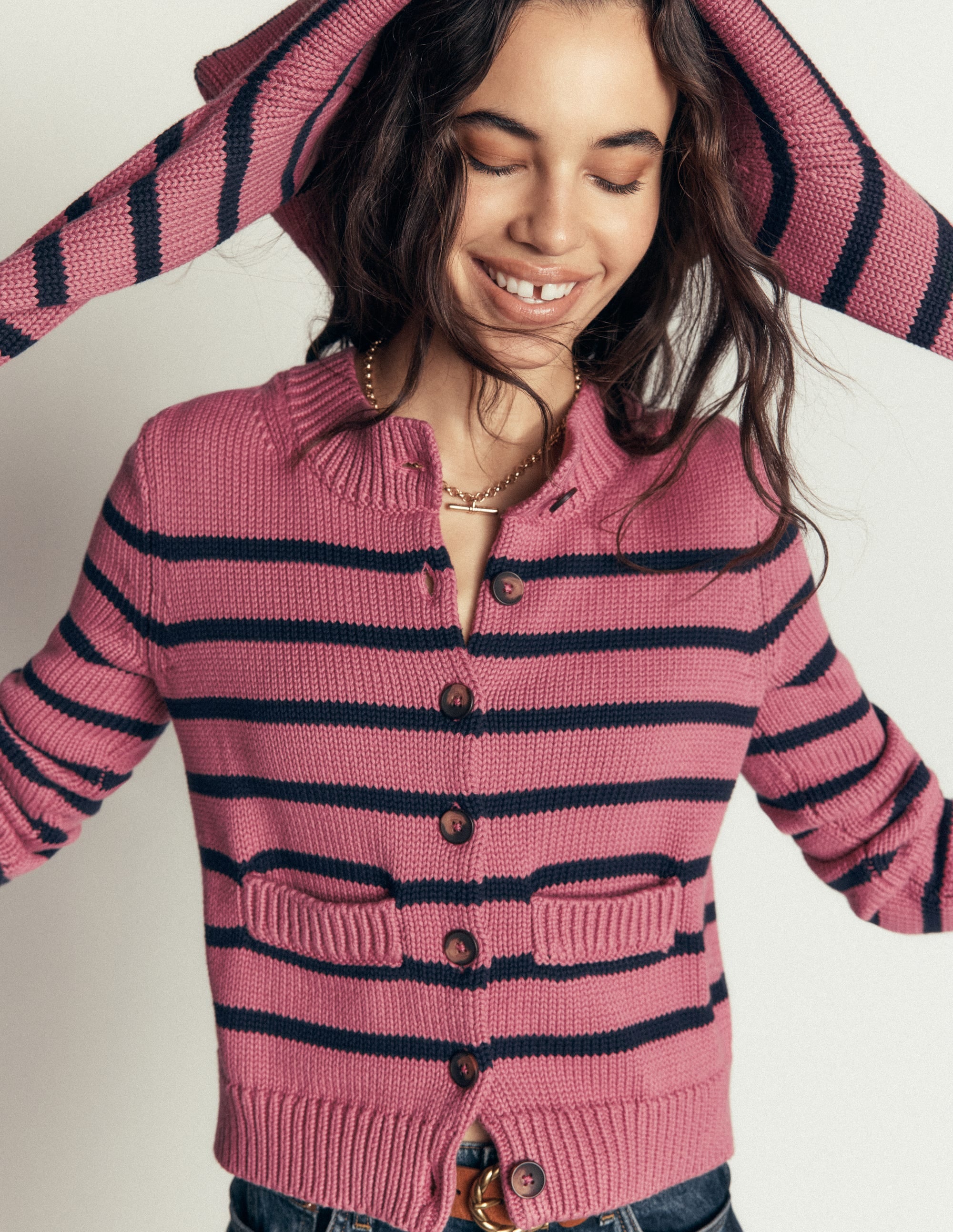 Cardigan Lucy en coton épais-Rayé rose bruyère, bleu marine - Image 1