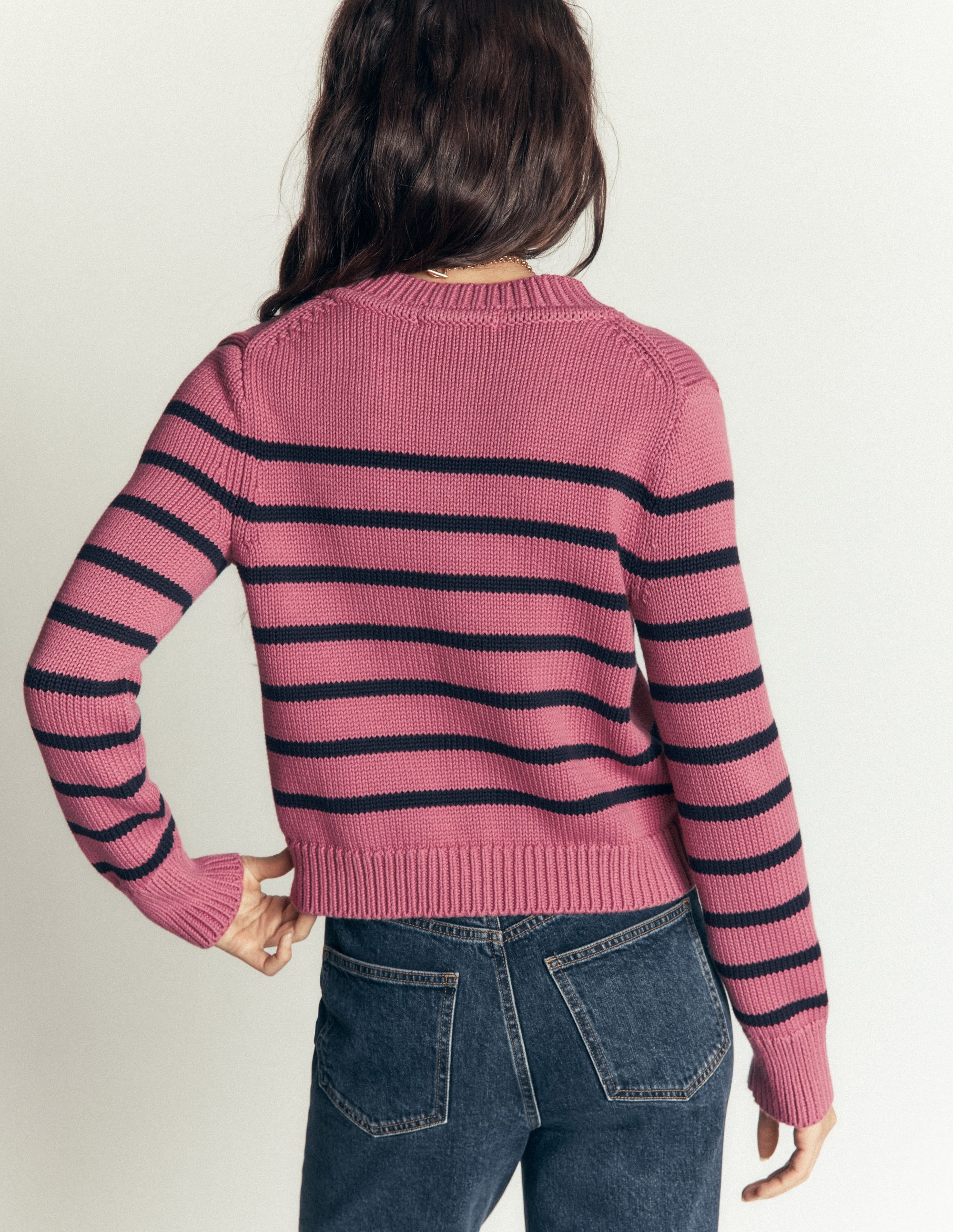 Cardigan Lucy en coton épais-Rayé rose bruyère, bleu marine - Image 3